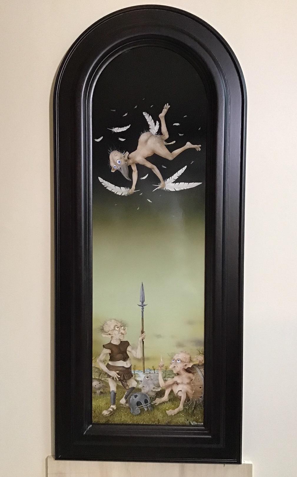 Figurative Painting Gérard Willemenot - Peinture sur panneau La Chute d'Icare Tempera - Icarus Falling Mythe - Surreel en stock