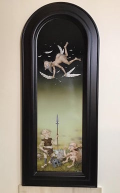 Peinture sur panneau La Chute d'Icare Tempera - Icarus Falling Mythe - Surreel en stock