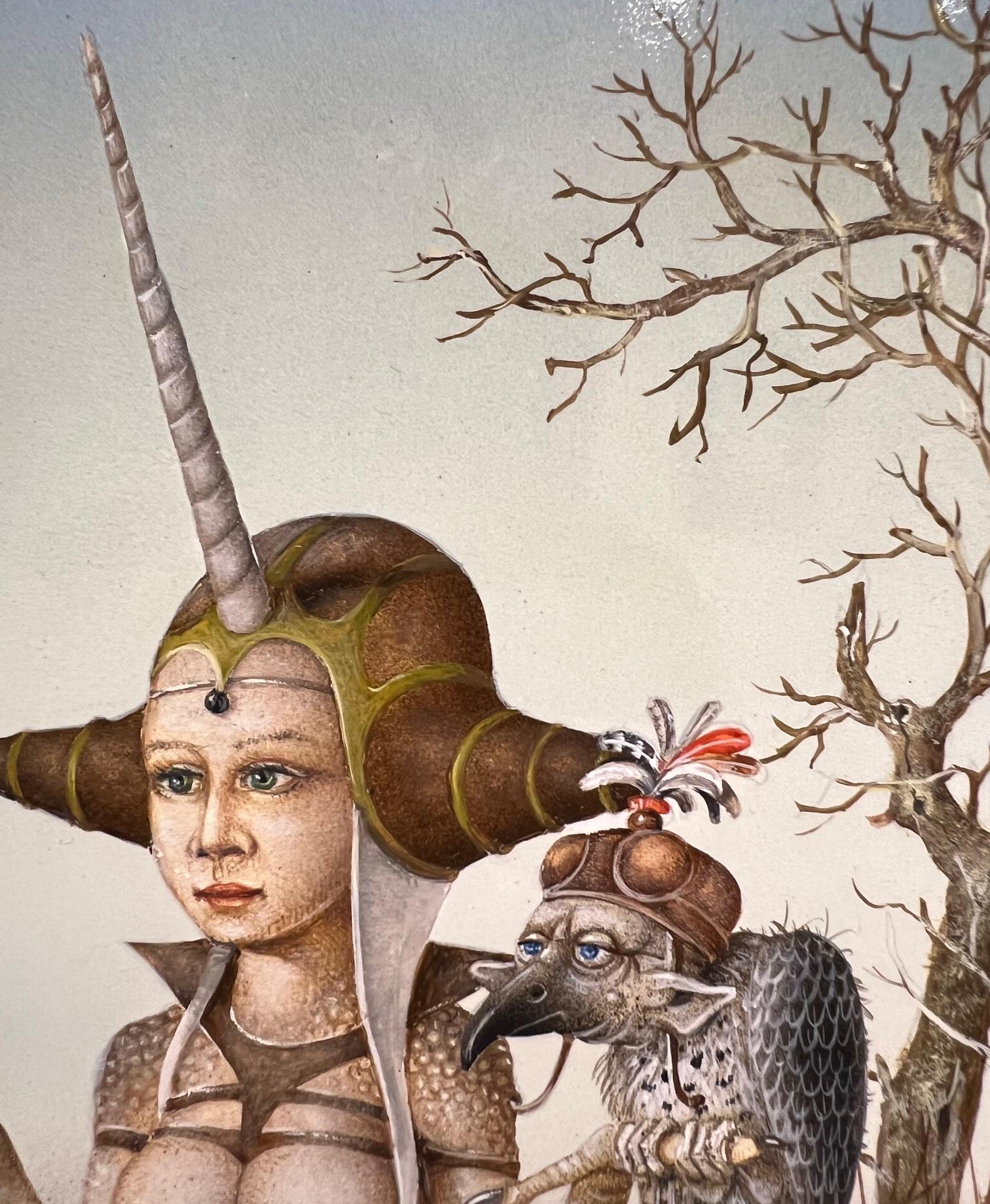 La Dame de la Licorne Tempera auf Tafel Gemälde Surrealismus Einhorn Vorrätig (Zeitgenössisch), Painting, von Gérard Willemenot