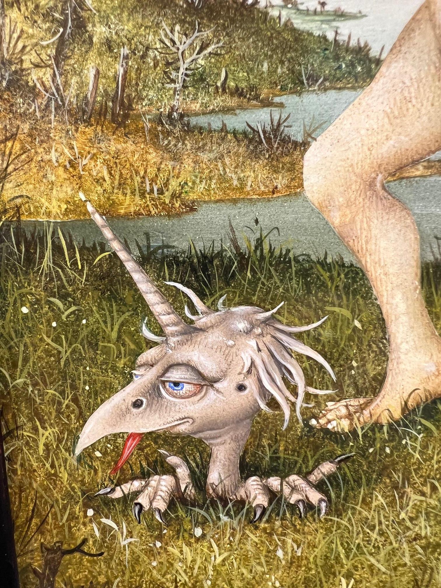 La Dame de la Licorne Tempera auf Tafel Gemälde Surrealismus Einhorn Vorrätig (Schwarz), Figurative Painting, von Gérard Willemenot