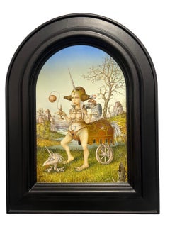 La Dame de la Licorne Tempera on Panel Painting Surrealism Unicorn In Stock