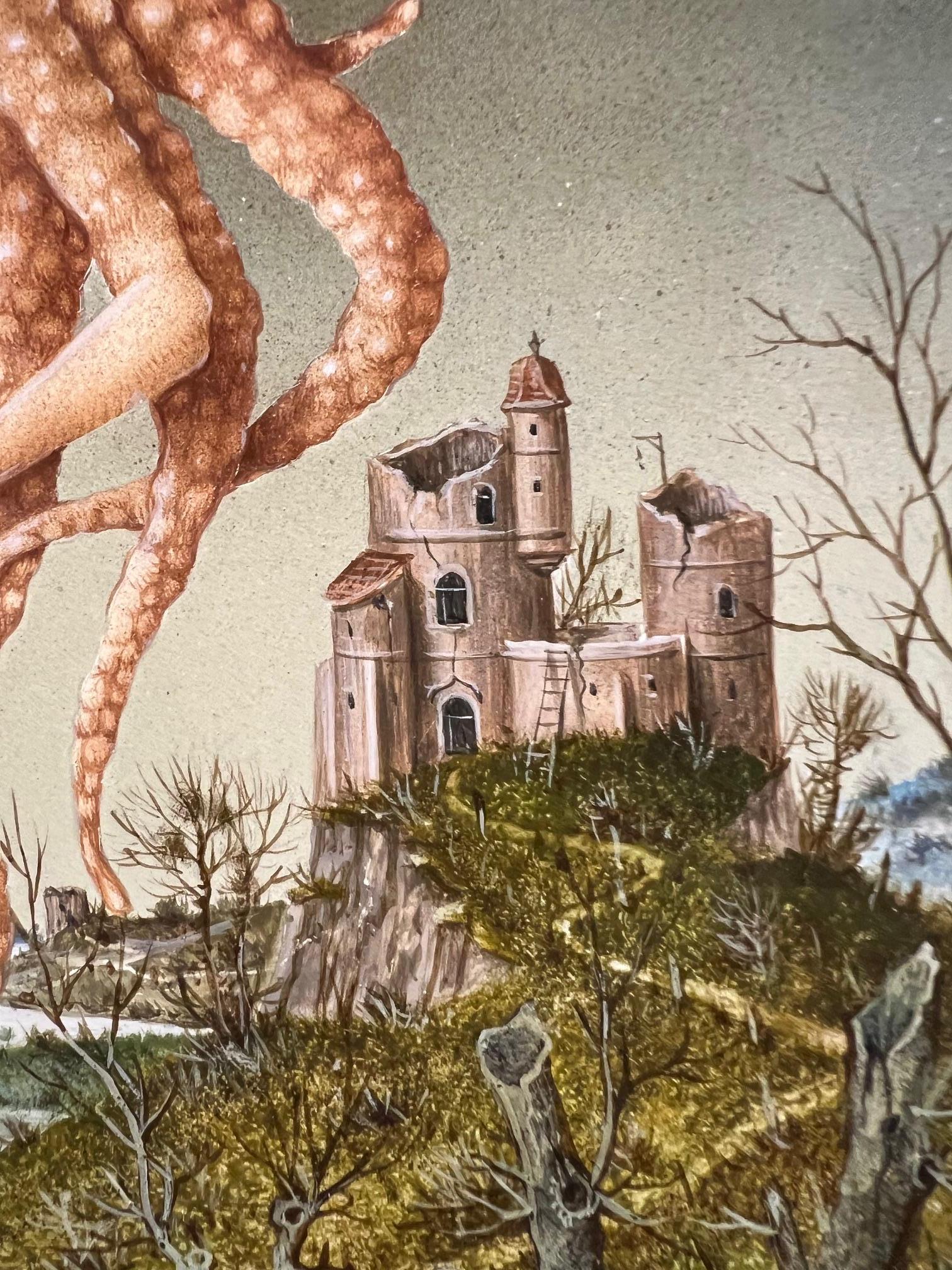 La Globule Die Blutzelle Tempera auf Tafel Gemälde Surrealismus Auf Lager (Schwarz), Figurative Painting, von Gérard Willemenot