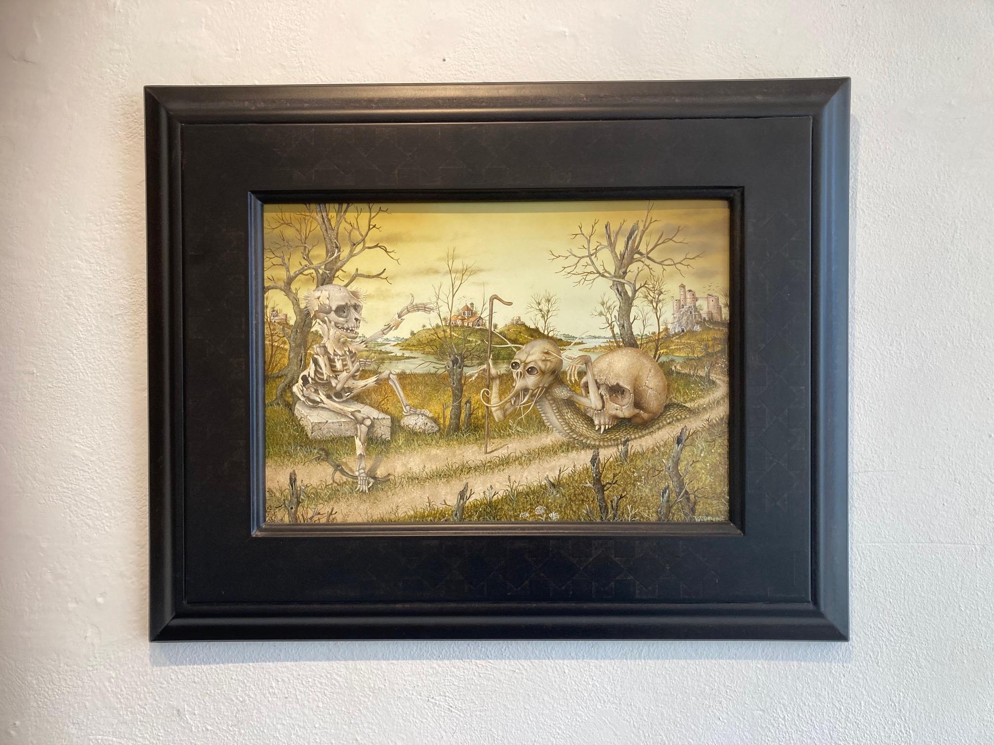 L'Auto-Stoppeur Surrealismus Landschaft Skelett Schädel Zeitgenössisch – Painting von Gérard Willemenot