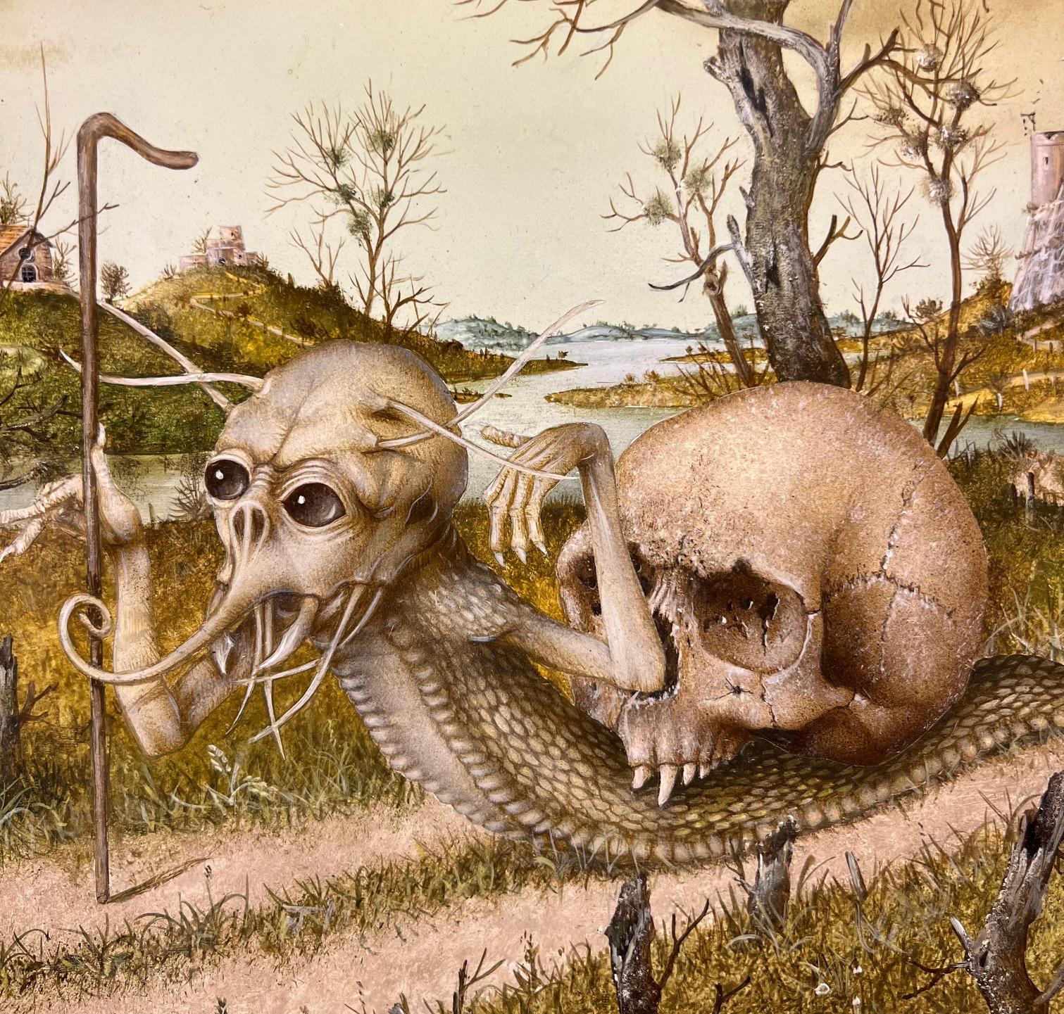 L'Auto-Stoppeur Surrealismus Landschaft Skelett Schädel Zeitgenössisch (Schwarz), Figurative Painting, von Gérard Willemenot