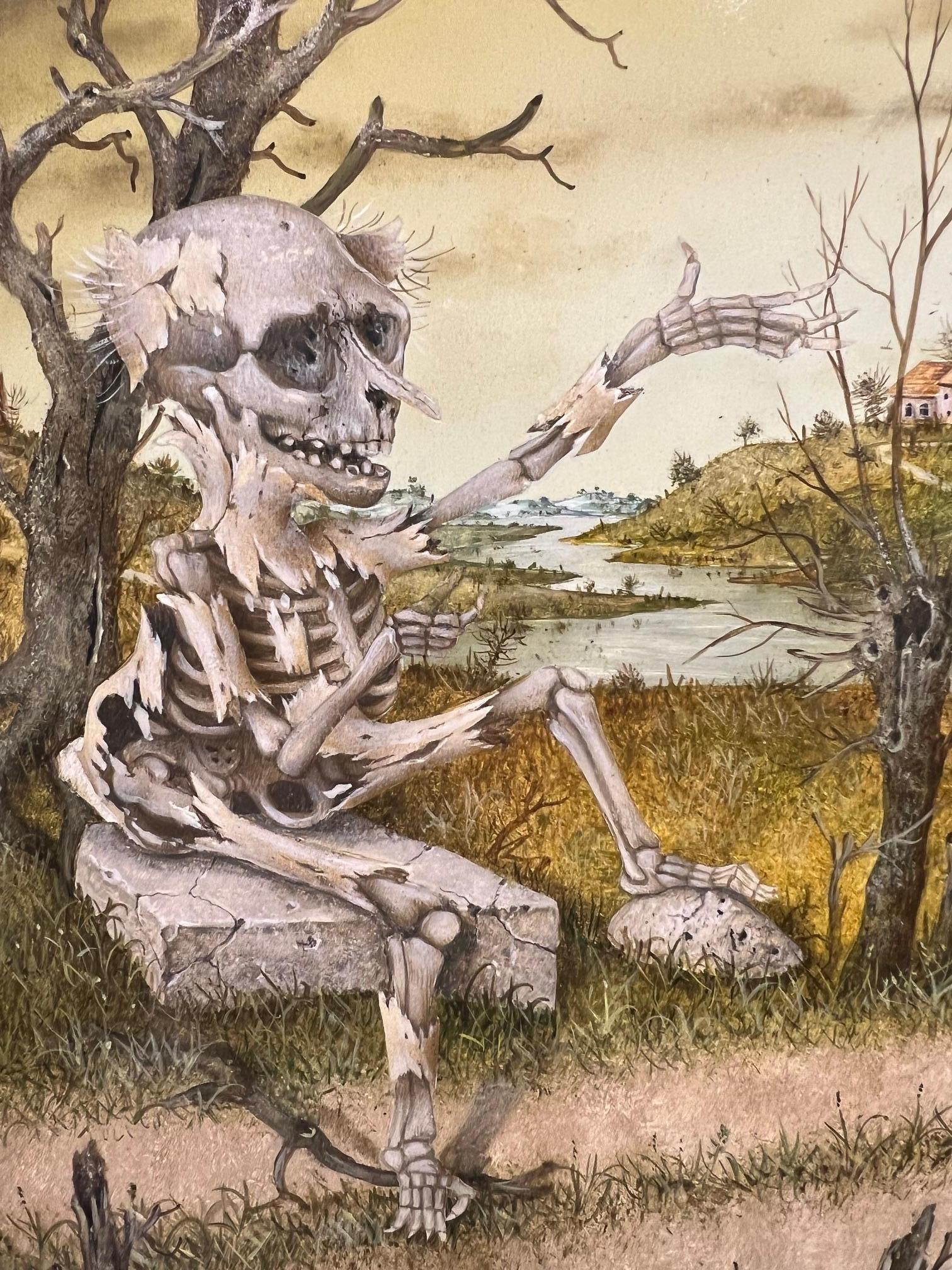 L'Auto-Stoppeur Surrealismus Landschaft Skelett Schädel Zeitgenössisch

Gérard Willemenot wurde am 11. Februar 1943 geboren.
Der Zweite Weltkrieg und die Deportation seines Vaters nach Mauthausen haben seine Kindheit tiefgreifend geprägt. Er war das