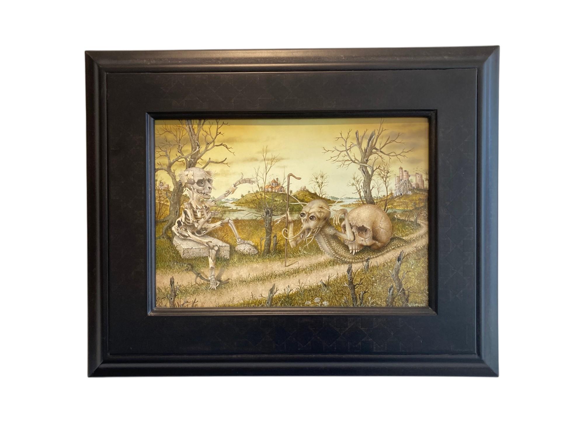 Gérard Willemenot Figurative Painting – L
Auto-Stoppeur Surrealismus Landschaft Skelett Schädel Zeitgenössisch