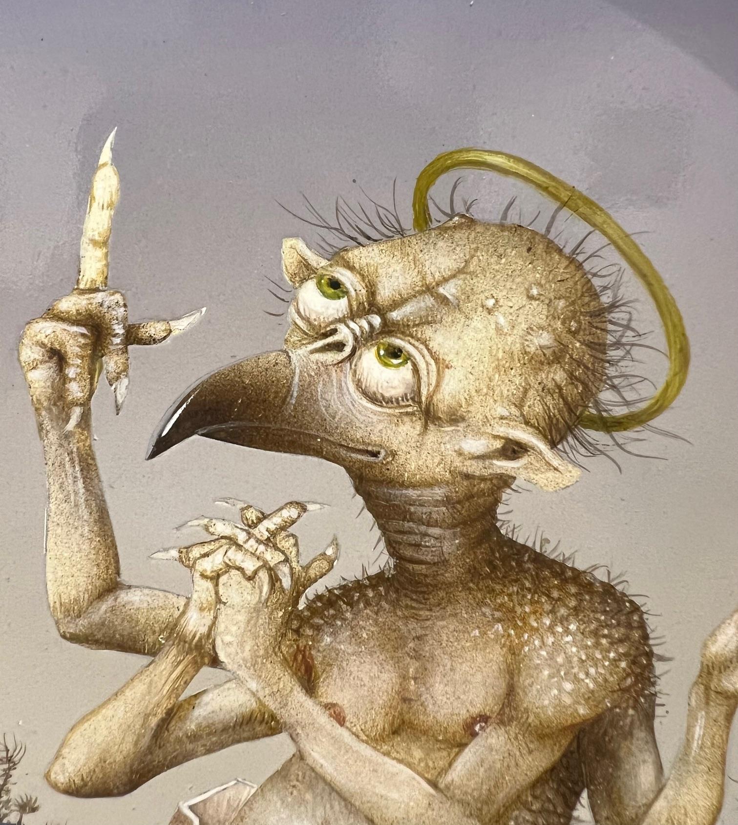 Le Pou Saint Tres Pieux Tempera auf Tafel Kreatur Surrealismus Vorrätig – Painting von Gérard Willemenot