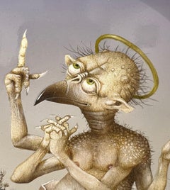 Le Pou Saint Tres Pieux Tempera su pannello Creatura Surrealismo In magazzino