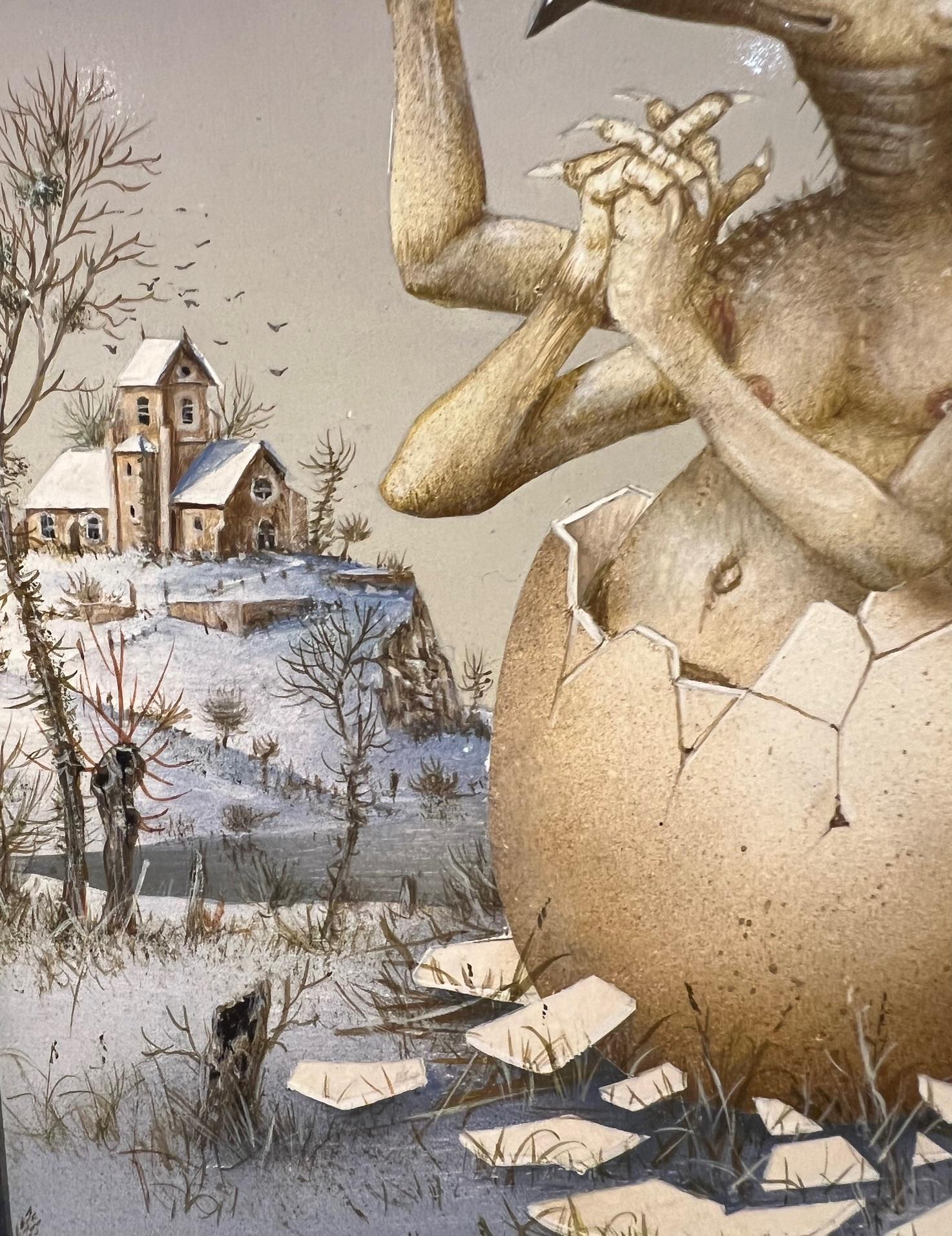 Le Pou Saint Tres Pieux Tempera auf Tafel Kreatur Surrealismus Vorrätig (Zeitgenössisch), Painting, von Gérard Willemenot