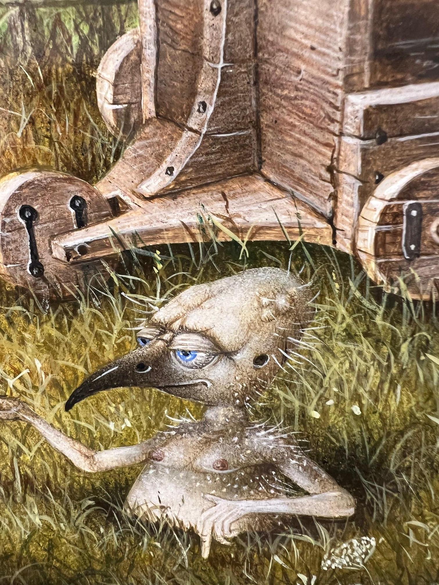 Les Mendiants Tempera auf Tafel Surrealisme Zeitgenössisch Vorrätig (Schwarz), Figurative Painting, von Gérard Willemenot