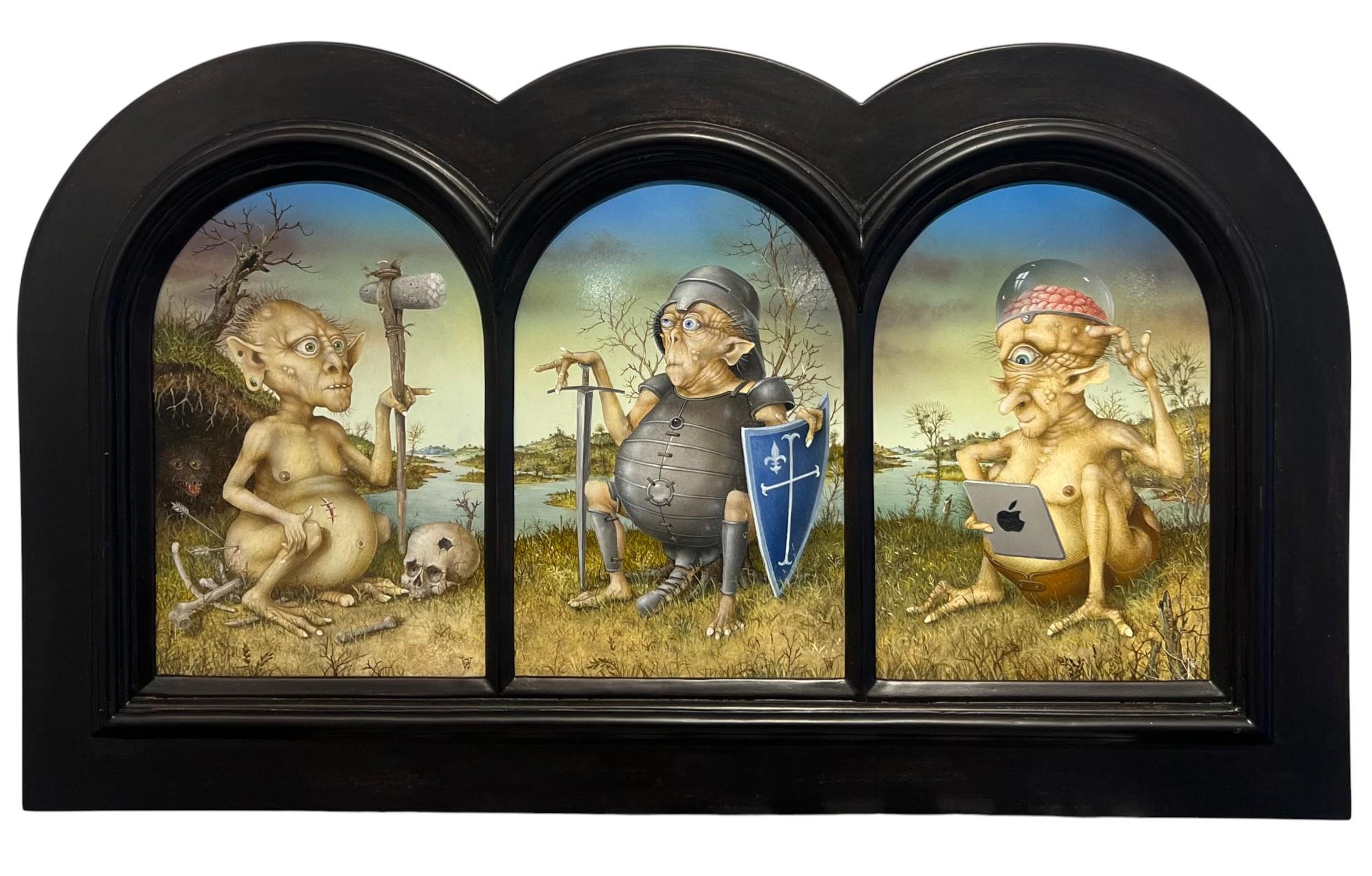 Gérard Willemenot Figurative Painting - Tryptich Le Macdalenieu et l 
Age du Fer Le Magdalenieu Tempera Panel In Stock