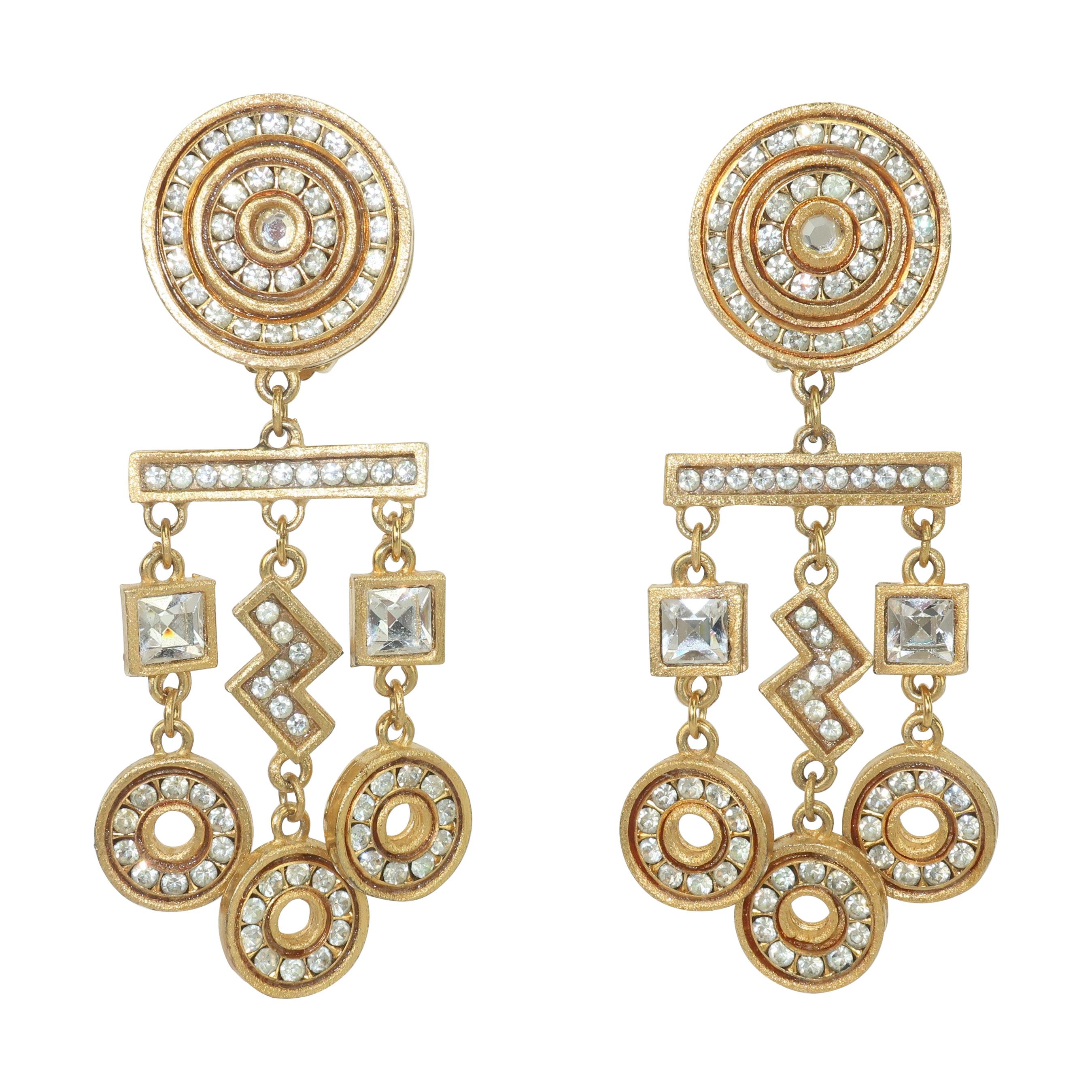 Gerard Yosca Art Deco Revival Gold & Rhinestone Earrings