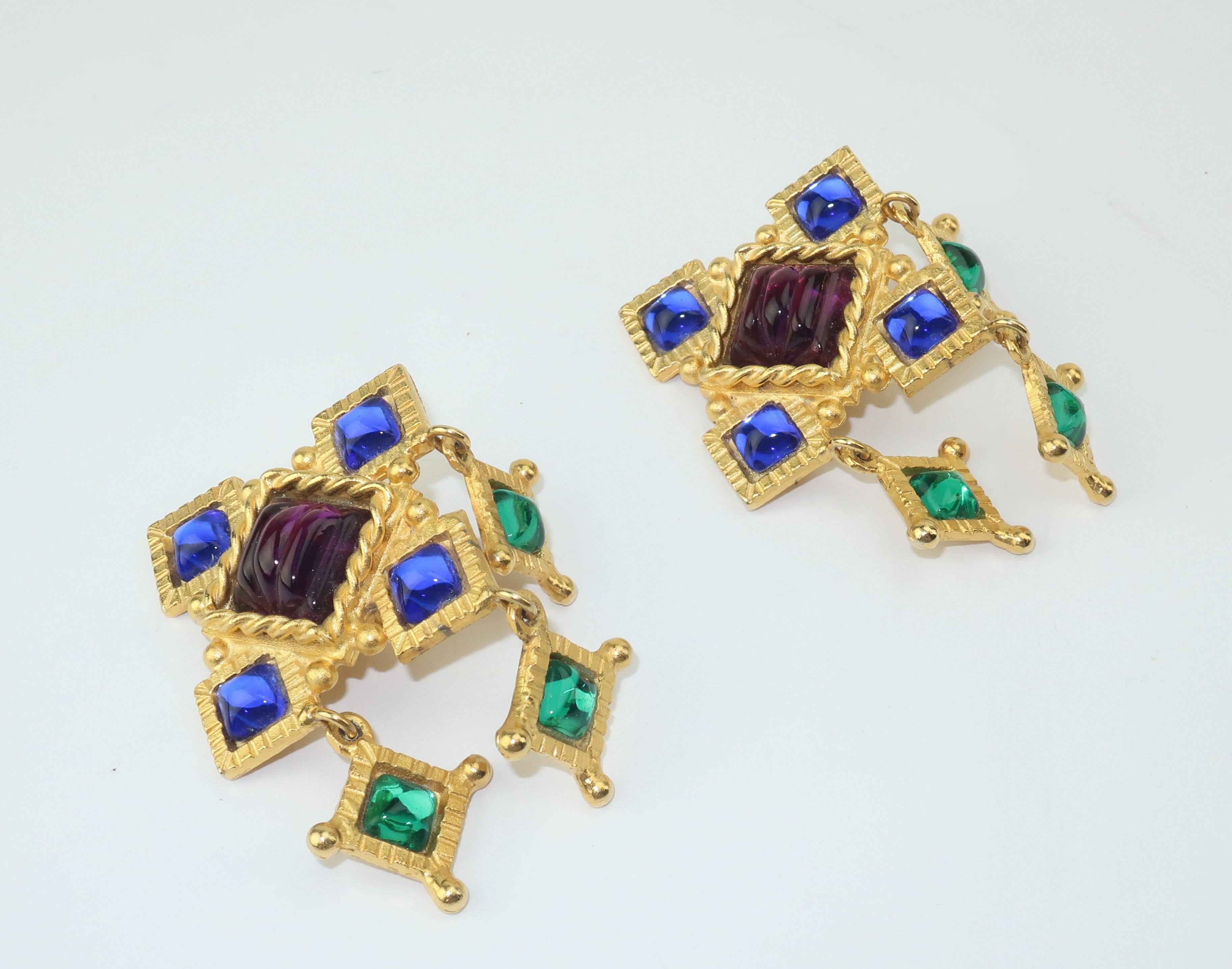 Women's Gerard Yosca Gold Earrings With Cabochon Glass Stones