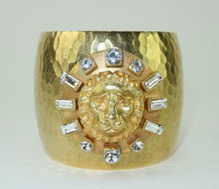 GERARD YOSCA Gold Plate & Rhinestone Cuff Bracelet With Lion Motif