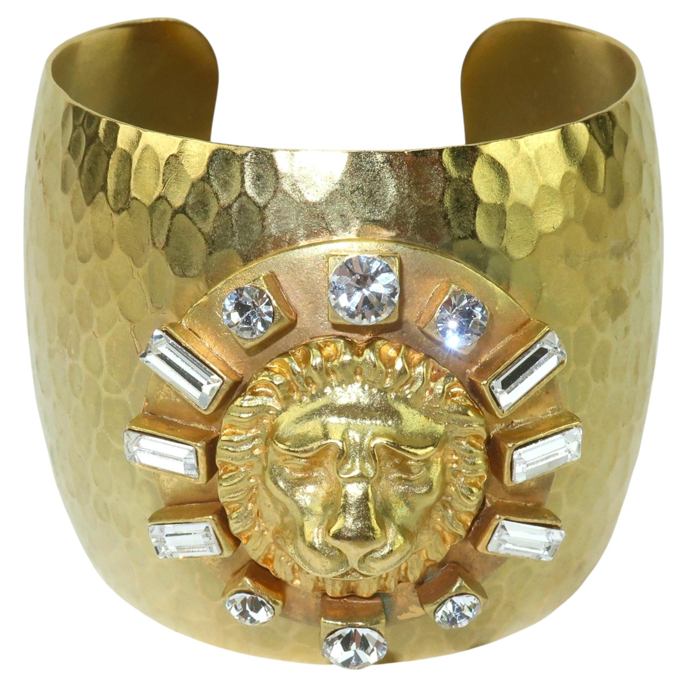 GERARD YOSCA Gold Plate & Rhinestone Cuff Bracelet With Lion Motif For Sale
