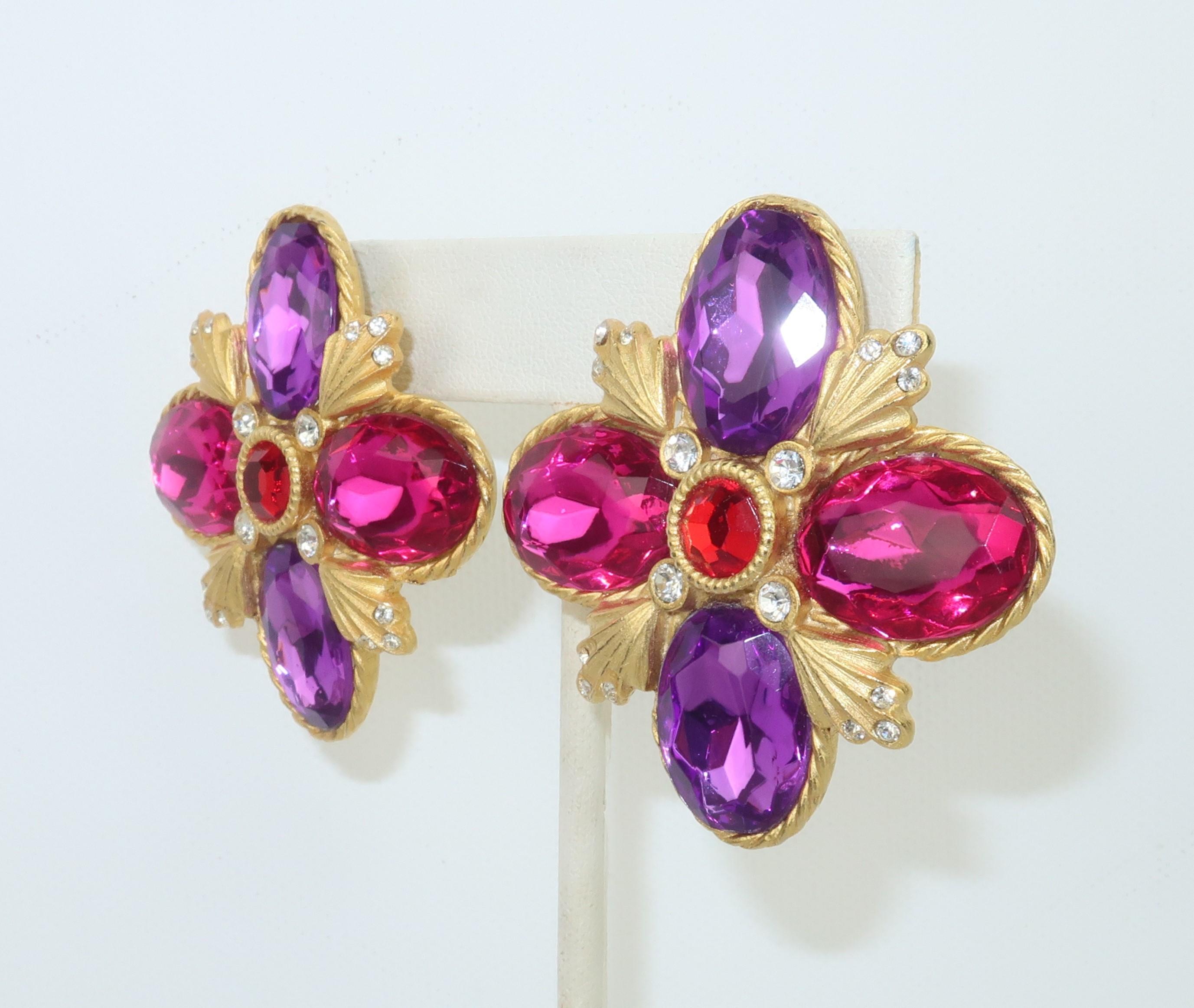 Baroque Revival Gerard Yosca Gold Tone Pink, Red & Purple Earrings, 1980's