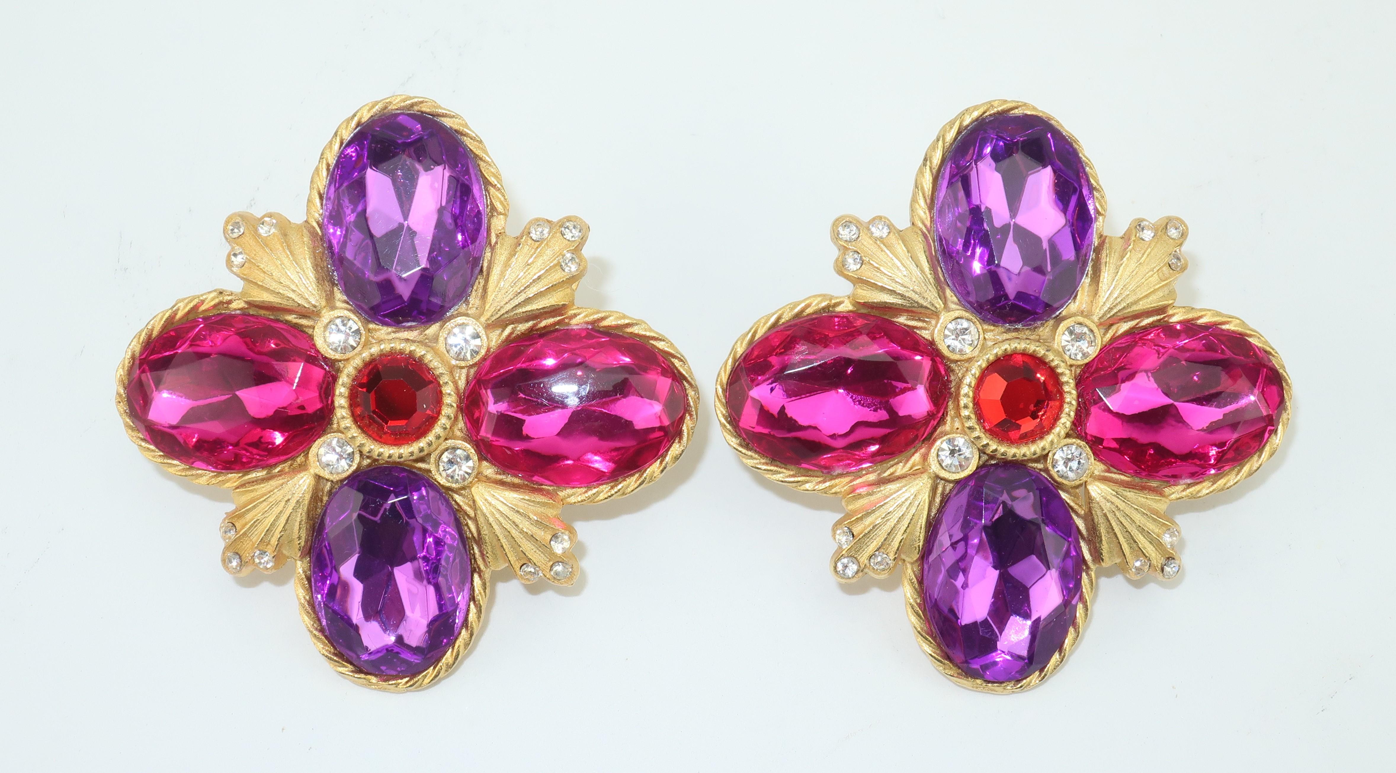 Women's Gerard Yosca Gold Tone Pink, Red & Purple Earrings, 1980's