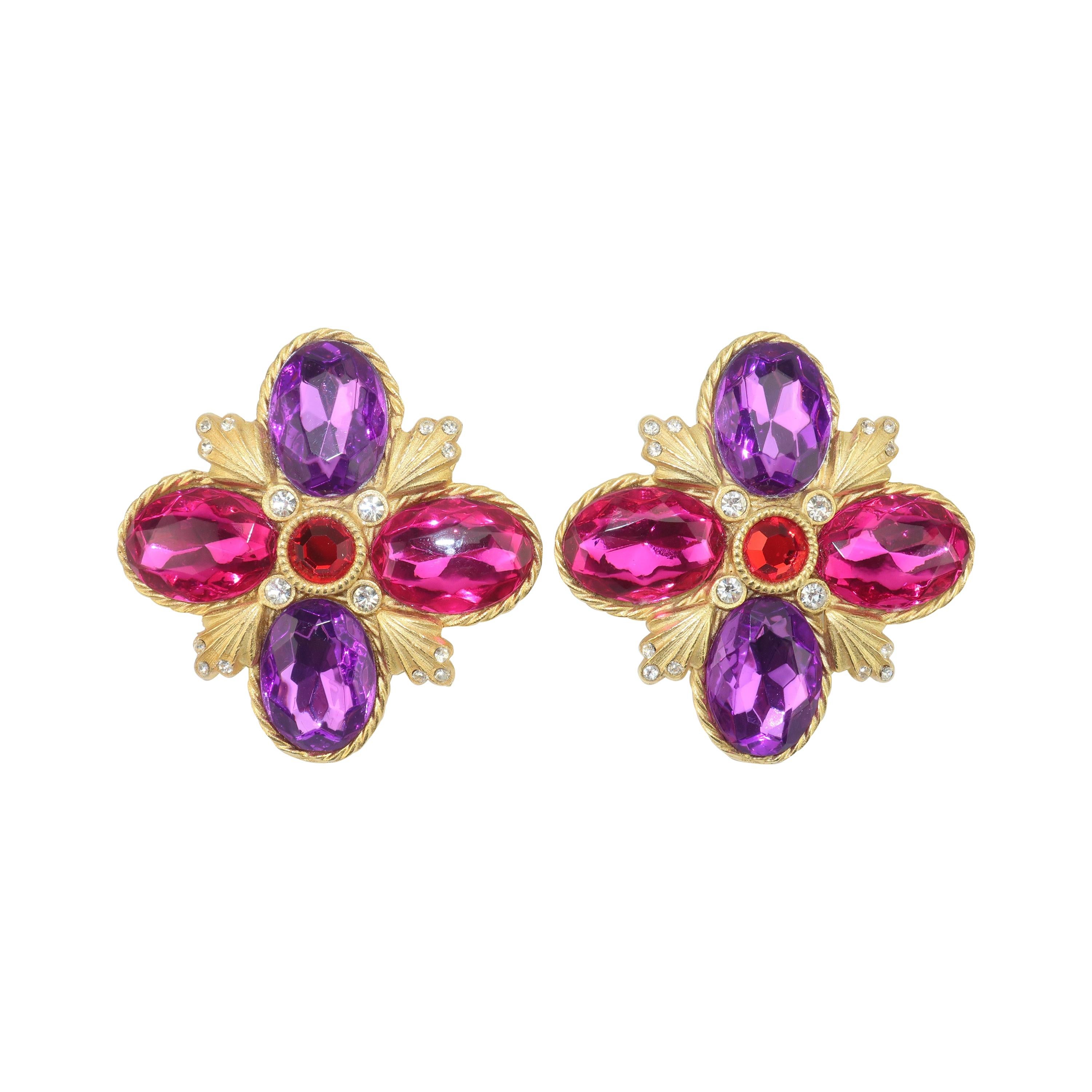 Gerard Yosca Gold Tone Pink, Red & Purple Earrings, 1980's