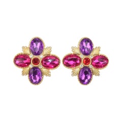 Gerard Yosca Gold Tone Pink, Red & Purple Earrings, 1980's