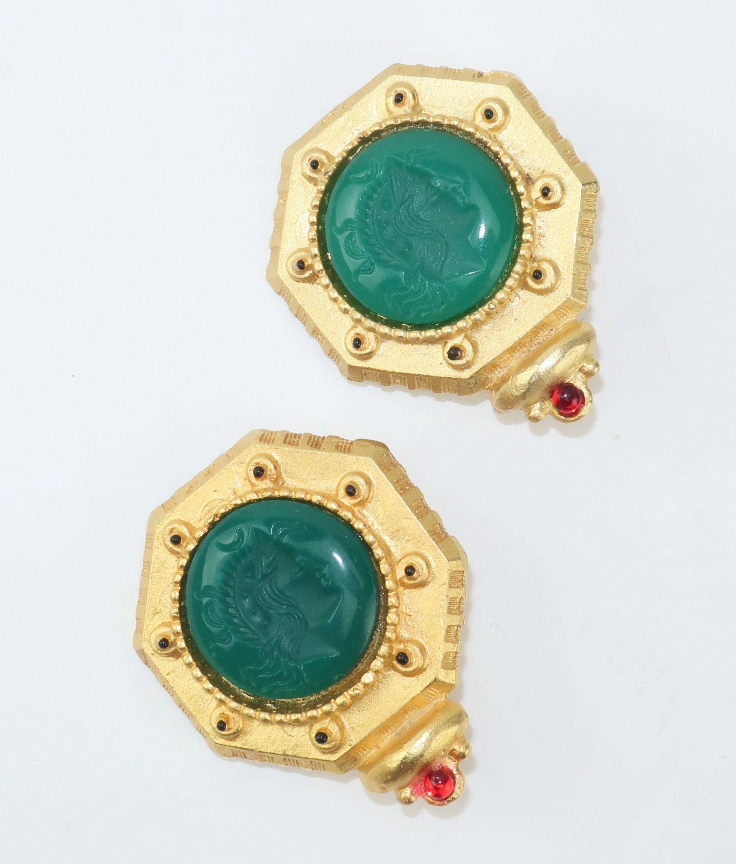 Classical Roman Gerard Yosca Neoclassical Emerald Green Glass Cameo Earrings, 1980's