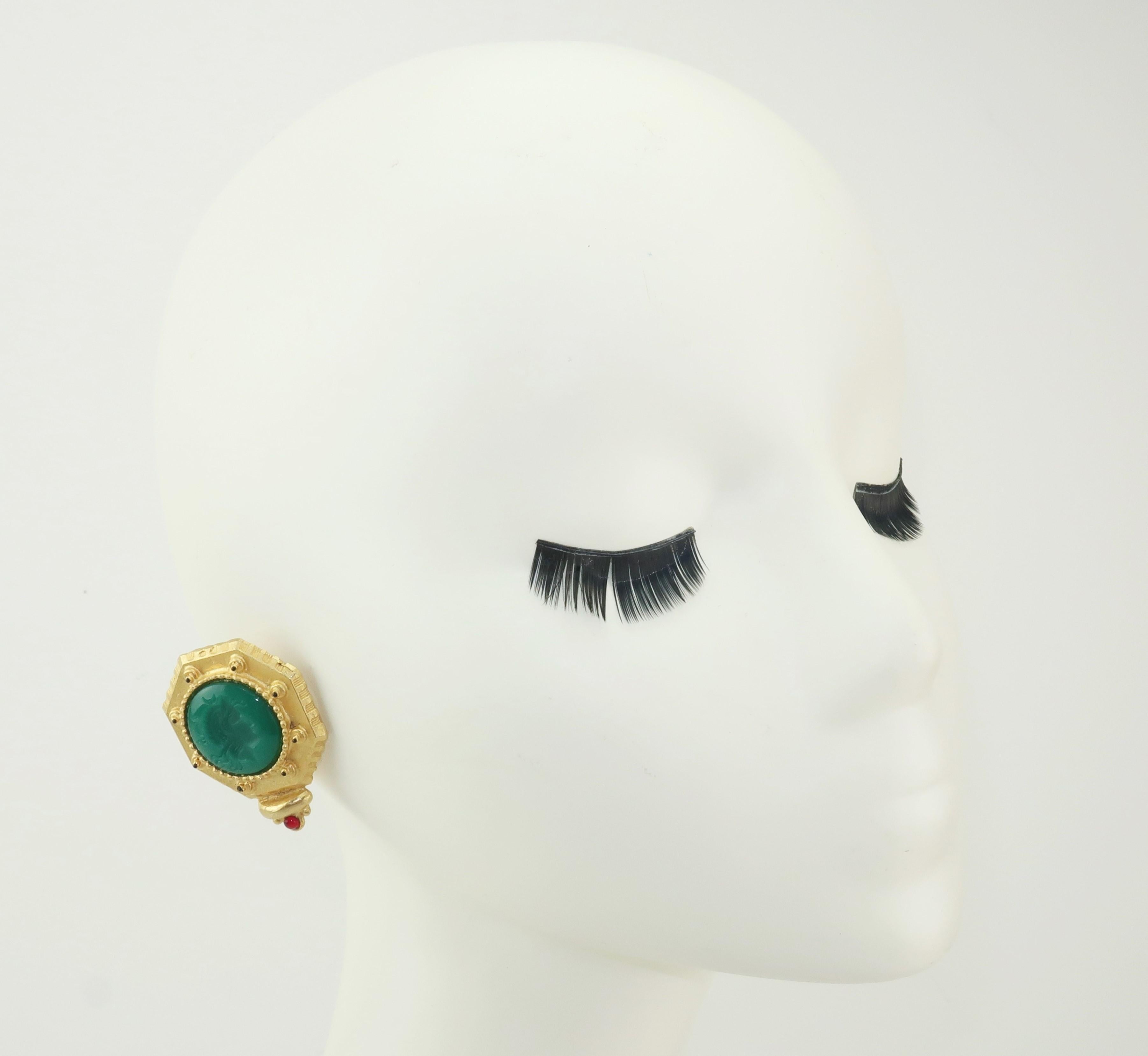 Gerard Yosca Neoclassical Emerald Green Glass Cameo Earrings, 1980's 2