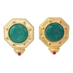 Vintage Gerard Yosca Neoclassical Emerald Green Glass Cameo Earrings, 1980's