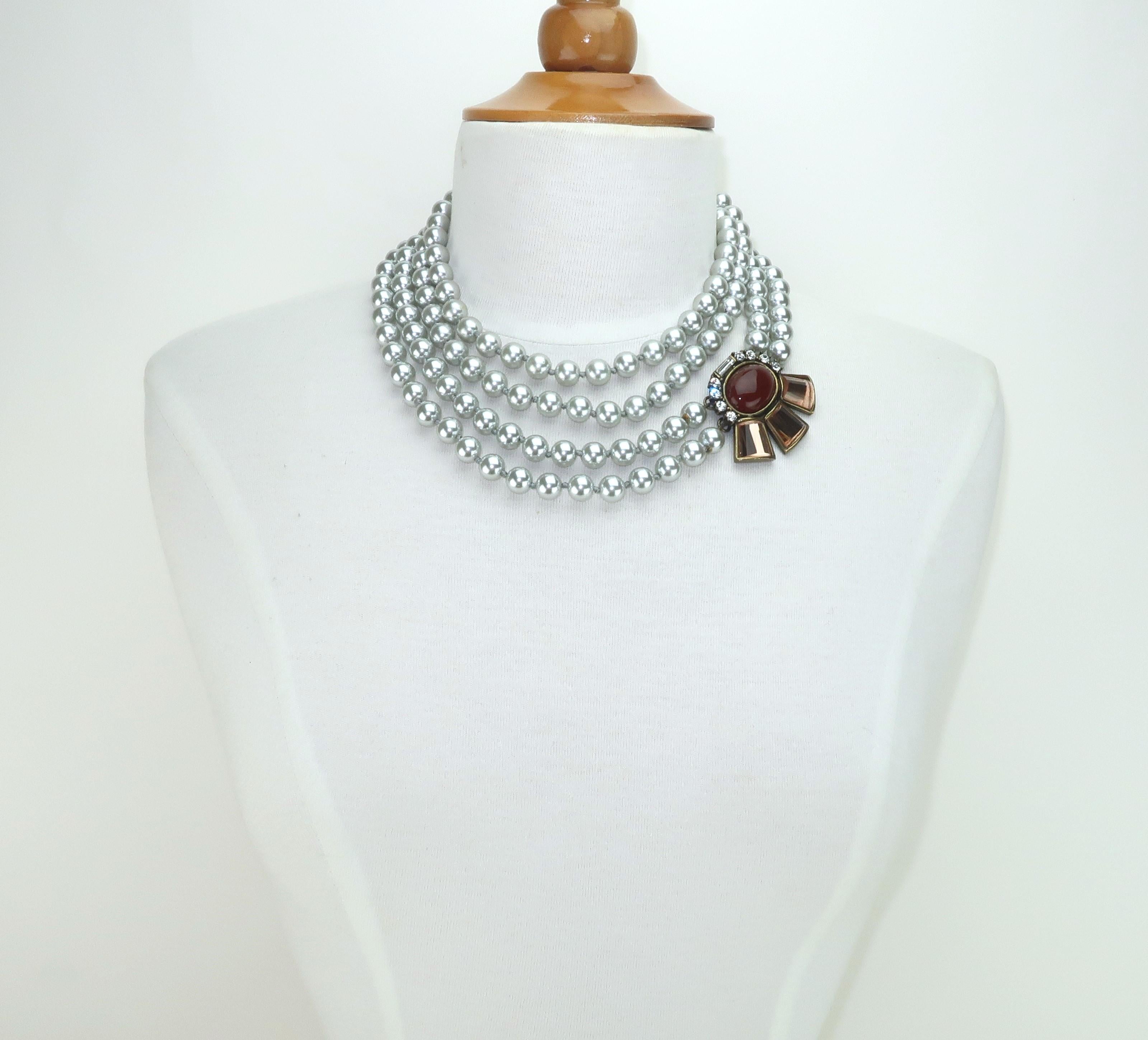 Modern GERARD YOSCA Pearl Opera Length Necklace With Rhinestone Decoration For Sale