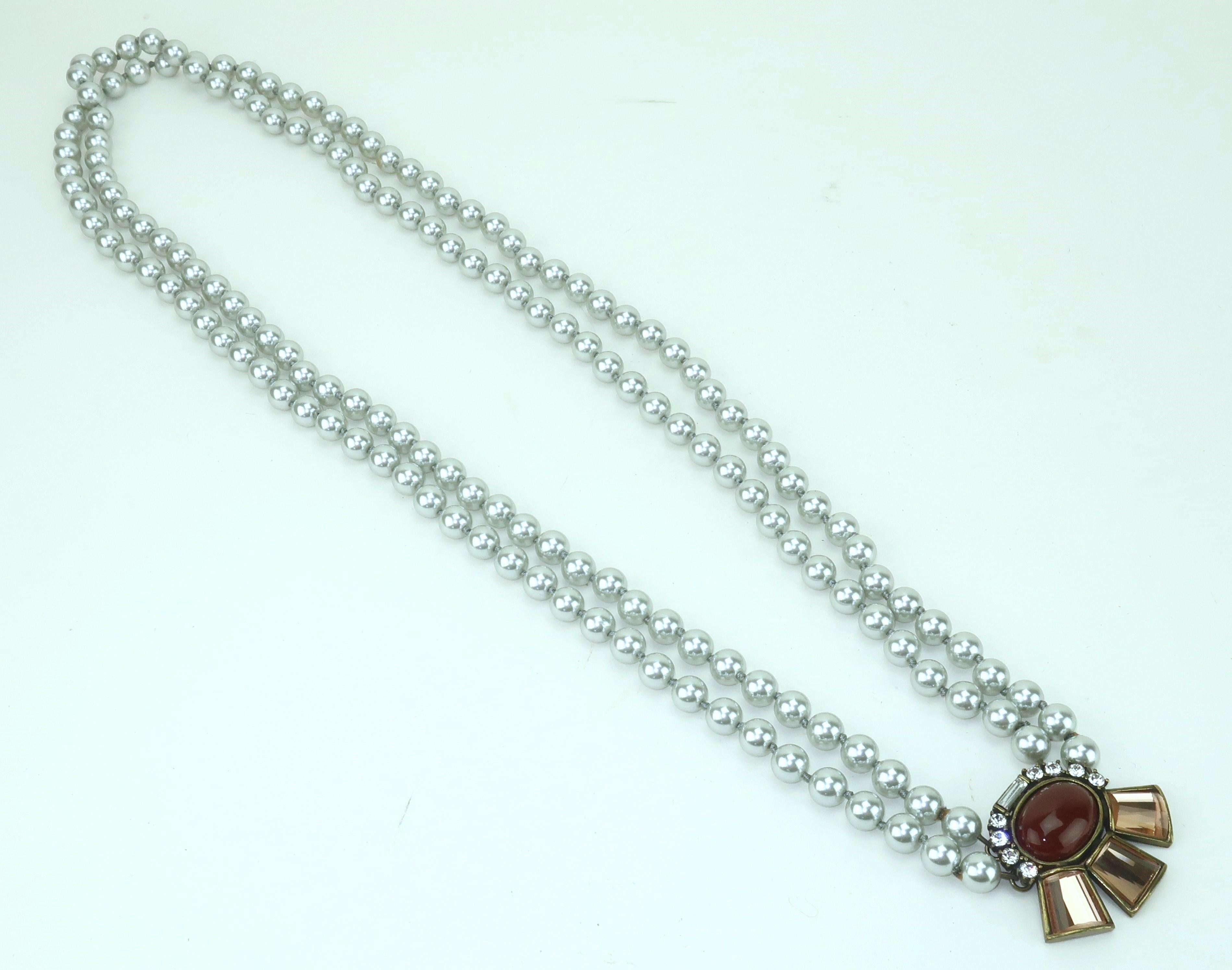 GERARD YOSCA Pearl Opera Length Necklace With Rhinestone Decoration In Good Condition For Sale In Atlanta, GA