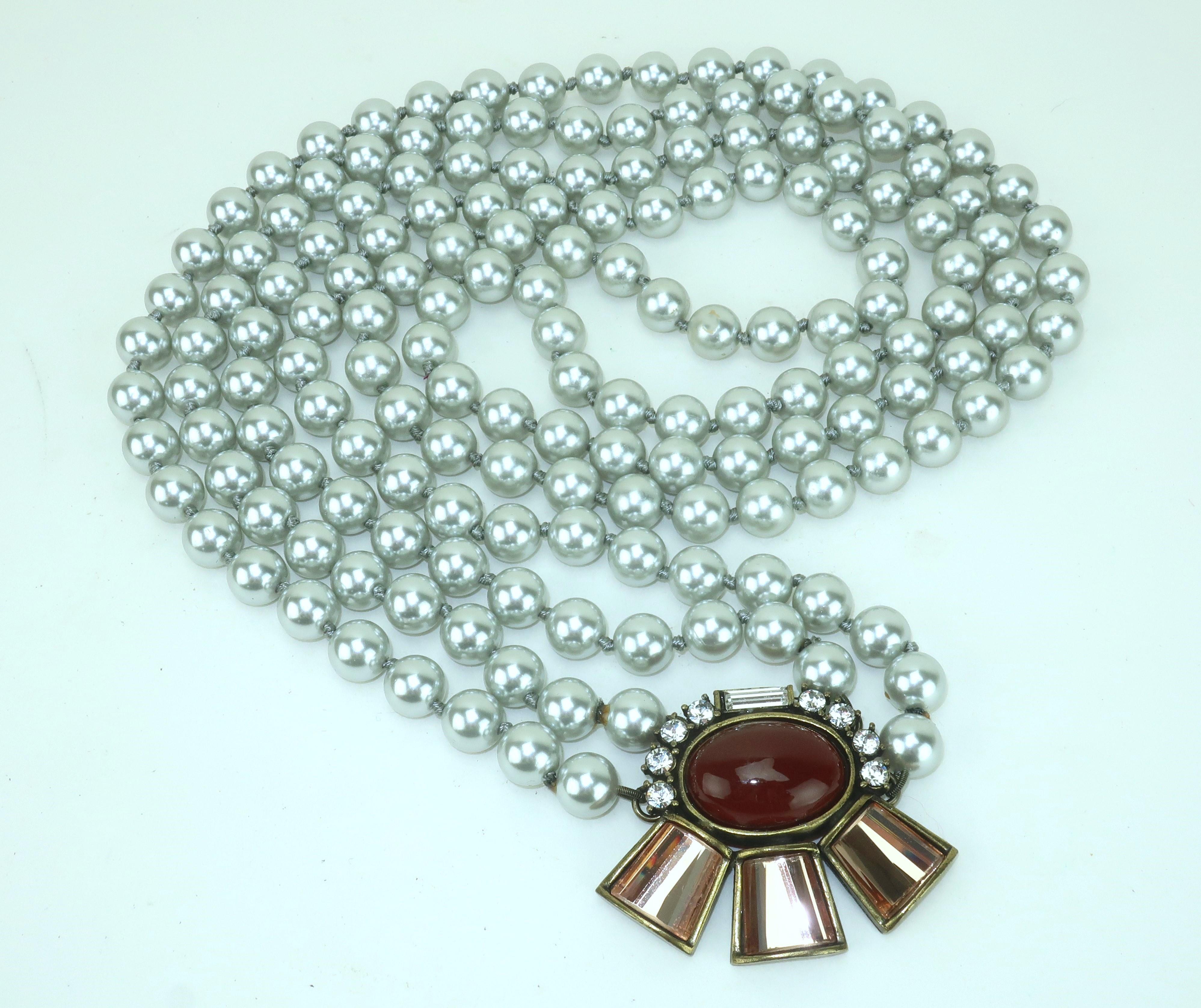 Women's GERARD YOSCA Pearl Opera Length Necklace With Rhinestone Decoration For Sale