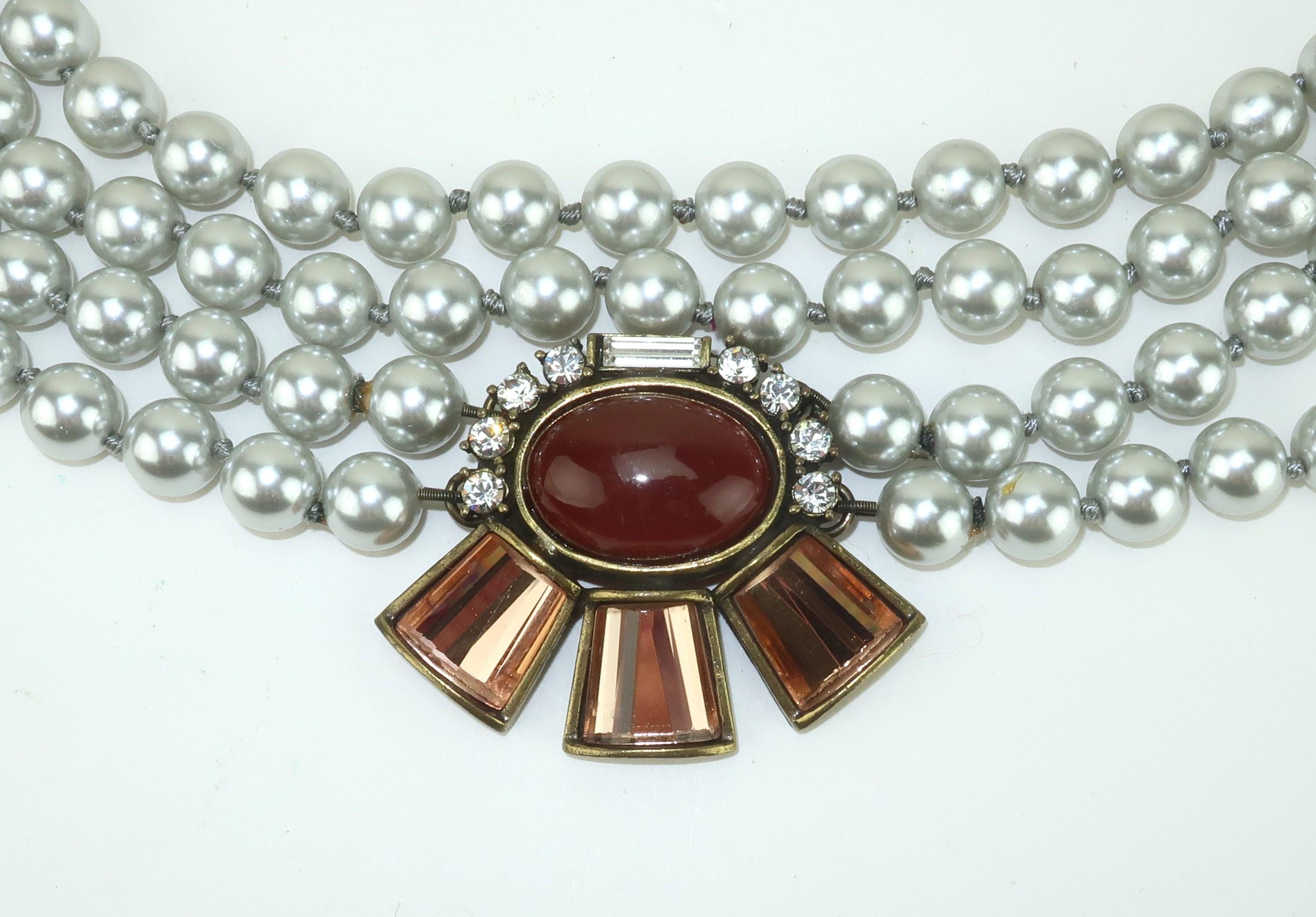GERARD YOSCA Pearl Opera Length Necklace With Rhinestone Decoration For Sale 1