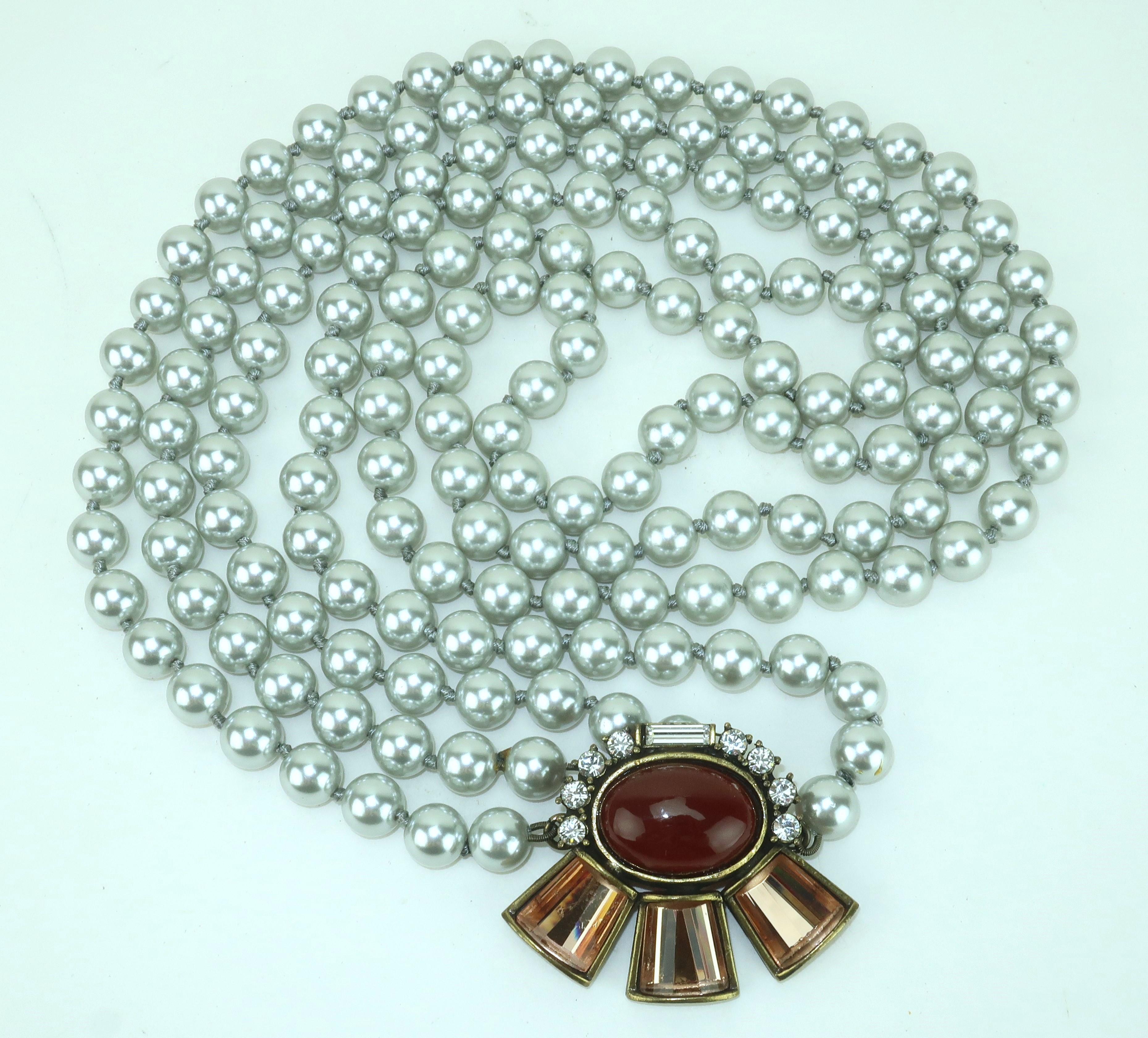 GERARD YOSCA Pearl Opera Length Necklace With Rhinestone Decoration For Sale 3
