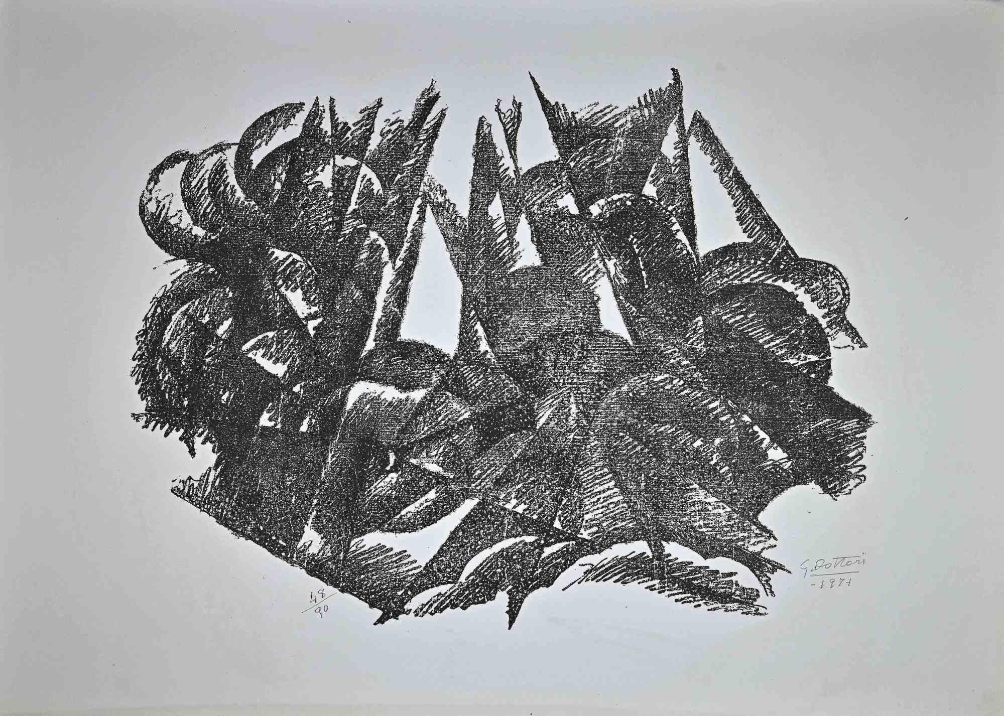 Composition is an original Contemporary Artwork realized in 1971 by Gerardo Dottori (Perugia, 1884 – Perugia, 1977).

Original B/W Lithgraph on paper.

Hand-signed and dated in pencil by the artist on the lower right corner: G. Dottori, 1971.