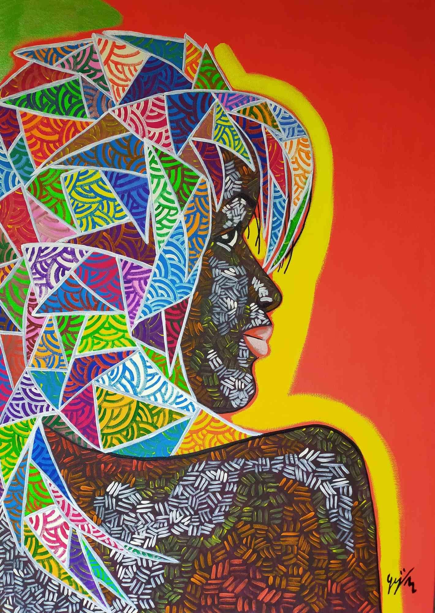 Acrylic on canvas realized by Gerardo La Porta in 2020.

Certificate of authenticity by the Artist.

Profile of a black girl, large colored hair of different lines, the light reflecting on the skin, the face that turns away and the eyes look into