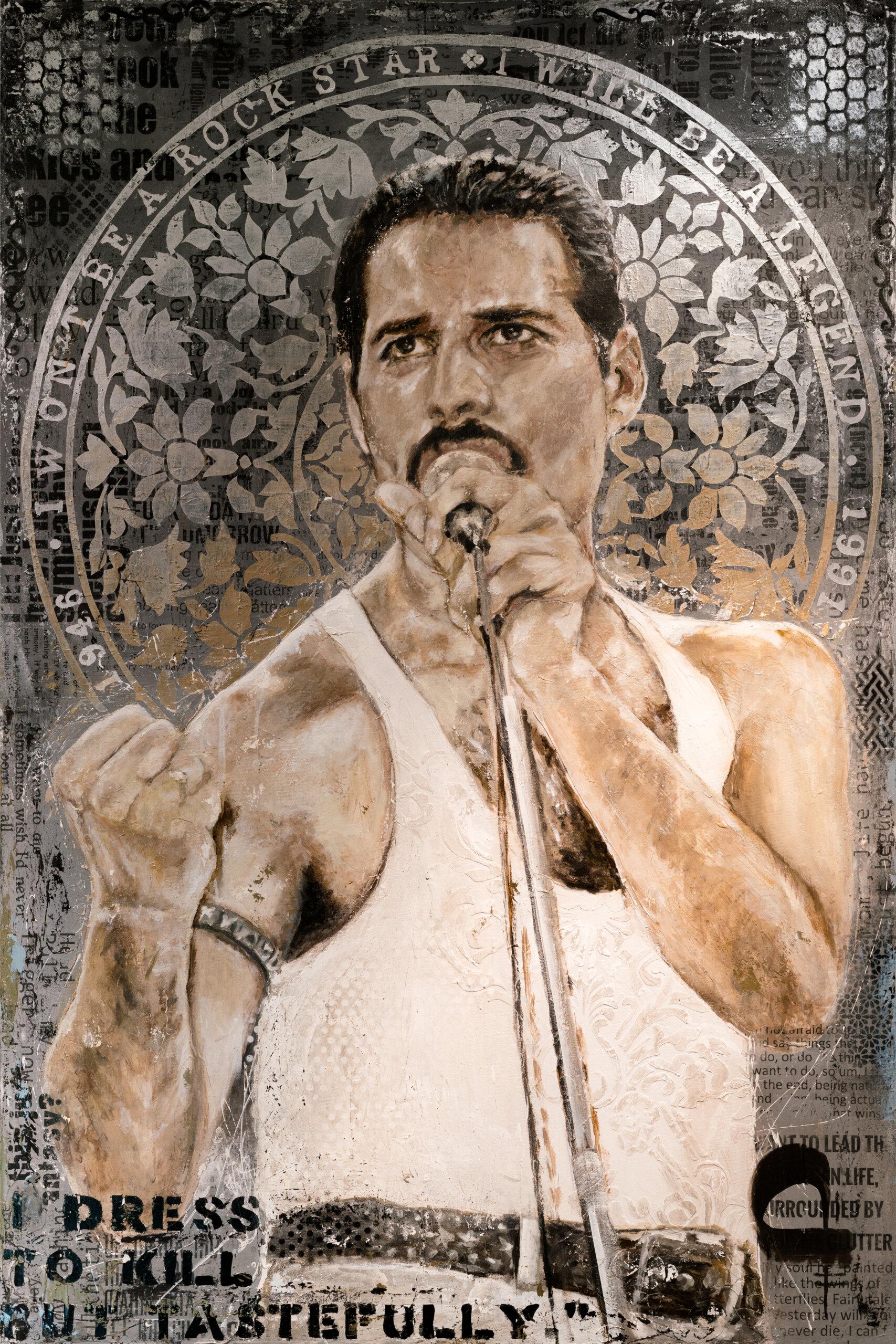 FREDDIE
In this 40” x 60” canvas FREDDIE, Labarca draws inspiration from Queen’s performance at Live Aid at Wembley Stadium in London on the 13th of July, 1985. The most defining moment of the performance was when Freddie Mercury sang Bohemian