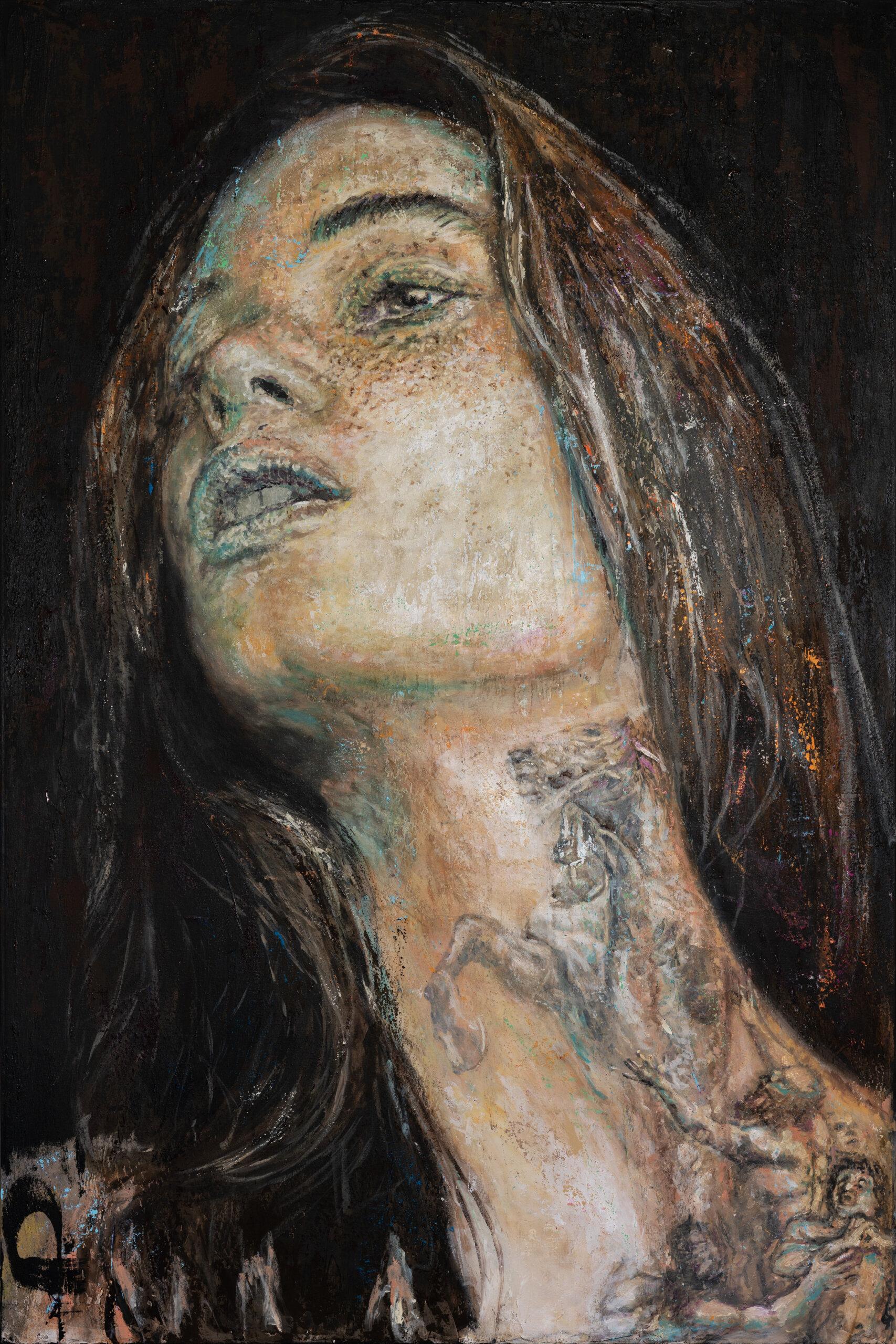 GIRL.09
From his series GIRLS, Girl.09 is a 48” x 72” painting that Labarca created after being inspired by the natural beauty of women. The gorgeous illuminated face emerges from a dark background and highlights the details of the tattoo on her