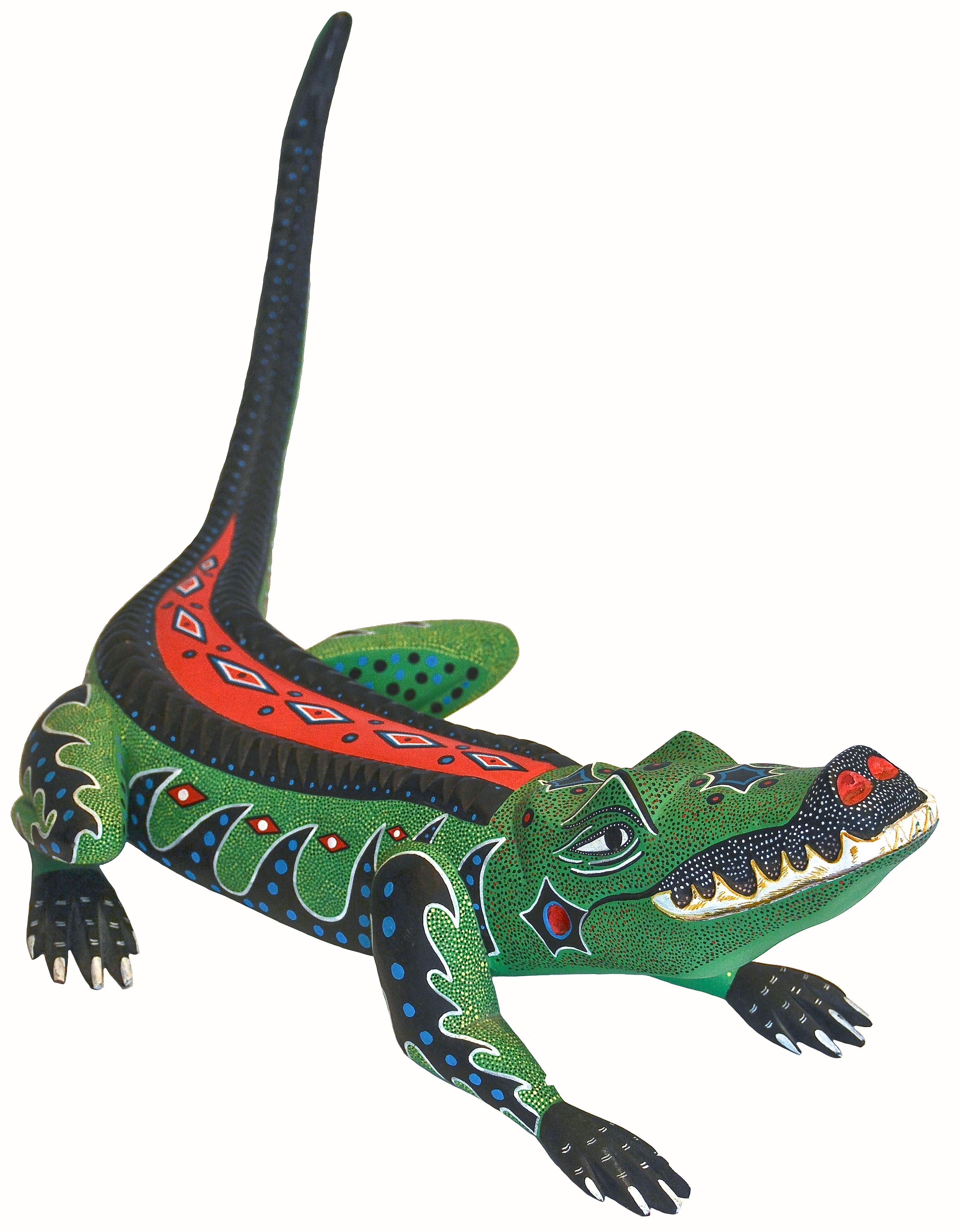 Alligator
1989
Gerardo Ramirez Morales
San Antonio Arrazola, Oaxaca, Mexique
Bois copal, peinture acrylique
Signé
22.25 inches L. x 6.50 inches H. (à la queue) x 8 inches W.

Cet étonnant alligator est un rare exemple de l'œuvre du maître sculpteur