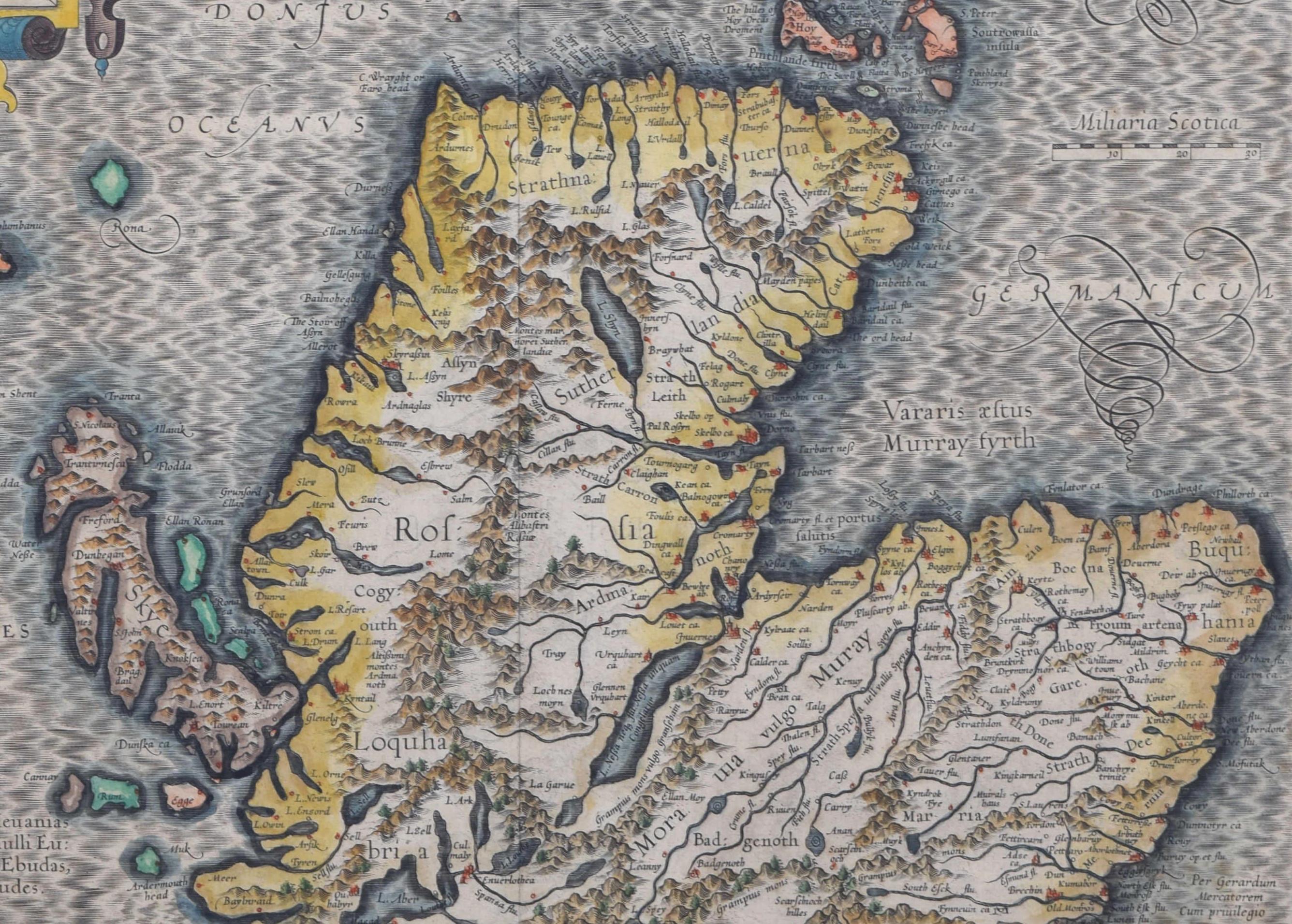 Gerardus Mercator (1512 - 1594)
Map of the North of Scotland (1683)
Engraving with later hand colouring
35 x 45 cm

A fantastically characterful and detailed map engraving of the North of Scotland from 1683. The highly detailed and beautifully