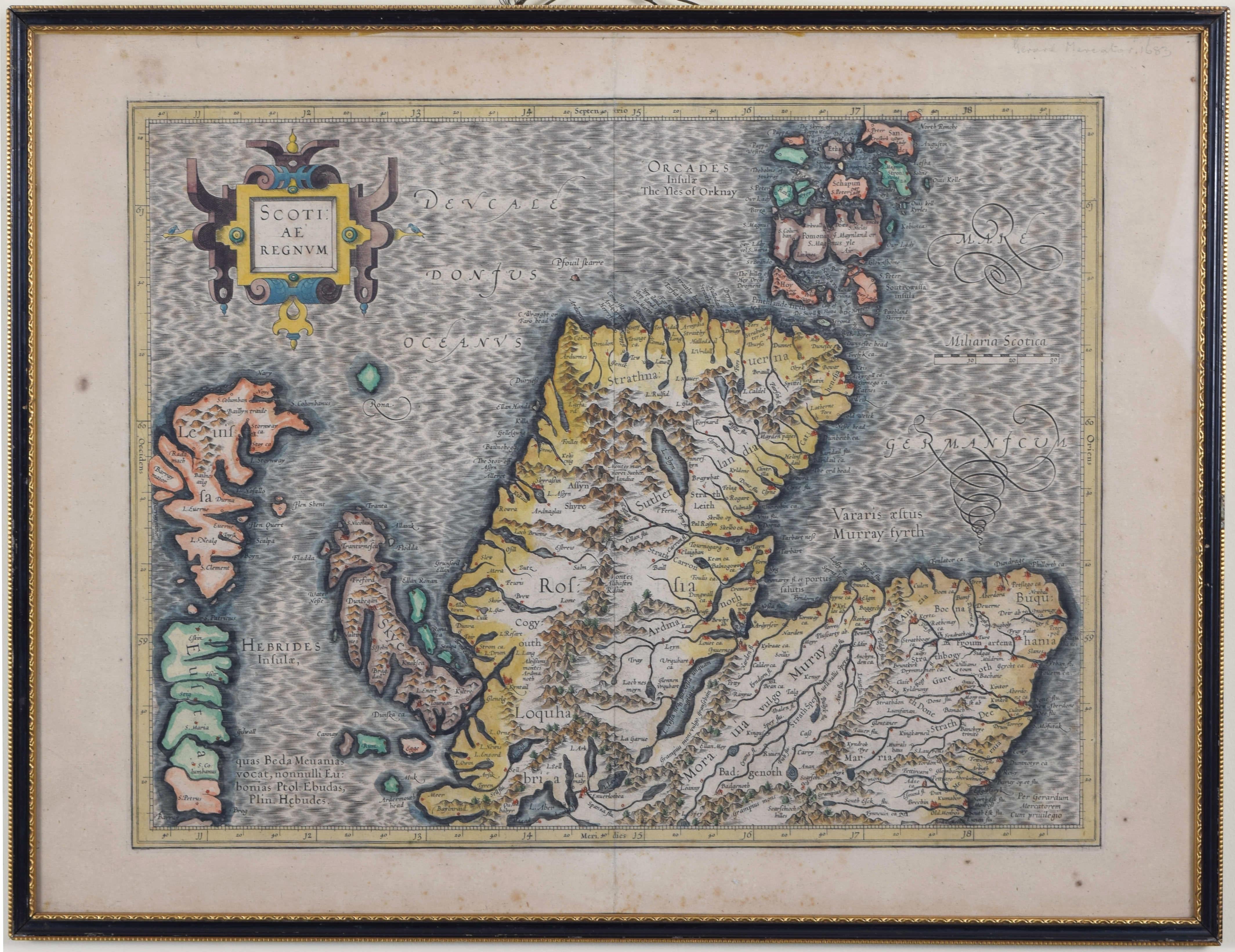 Map of the North of Scotland 17th century hand-coloured map by Gerardus Mercator For Sale 1
