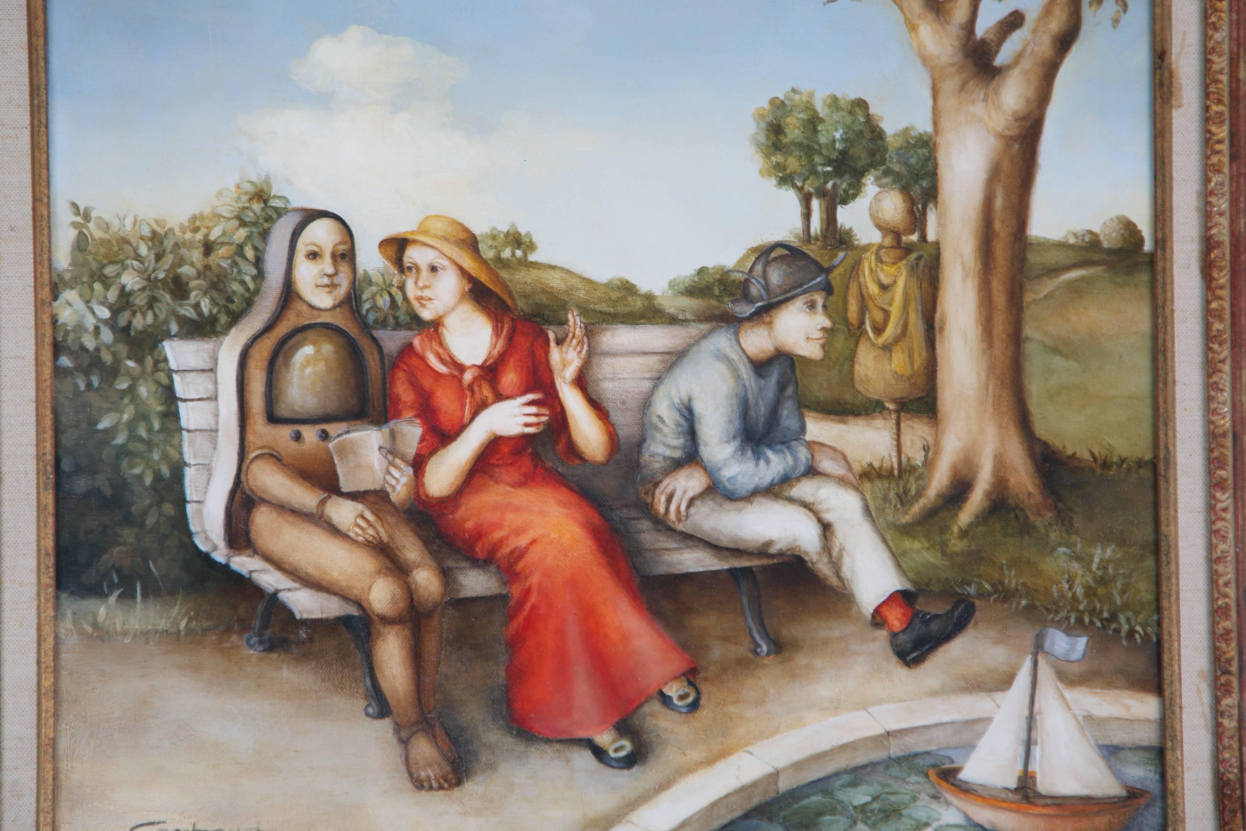 Continental School oil on canvas by Gerbaud depicting three figures on a bench next to a pond. Set in a custom ornate wooden frame with linen liner. Signed Gerbaud in black upon the lower left.

Note the interesting details of the individuals