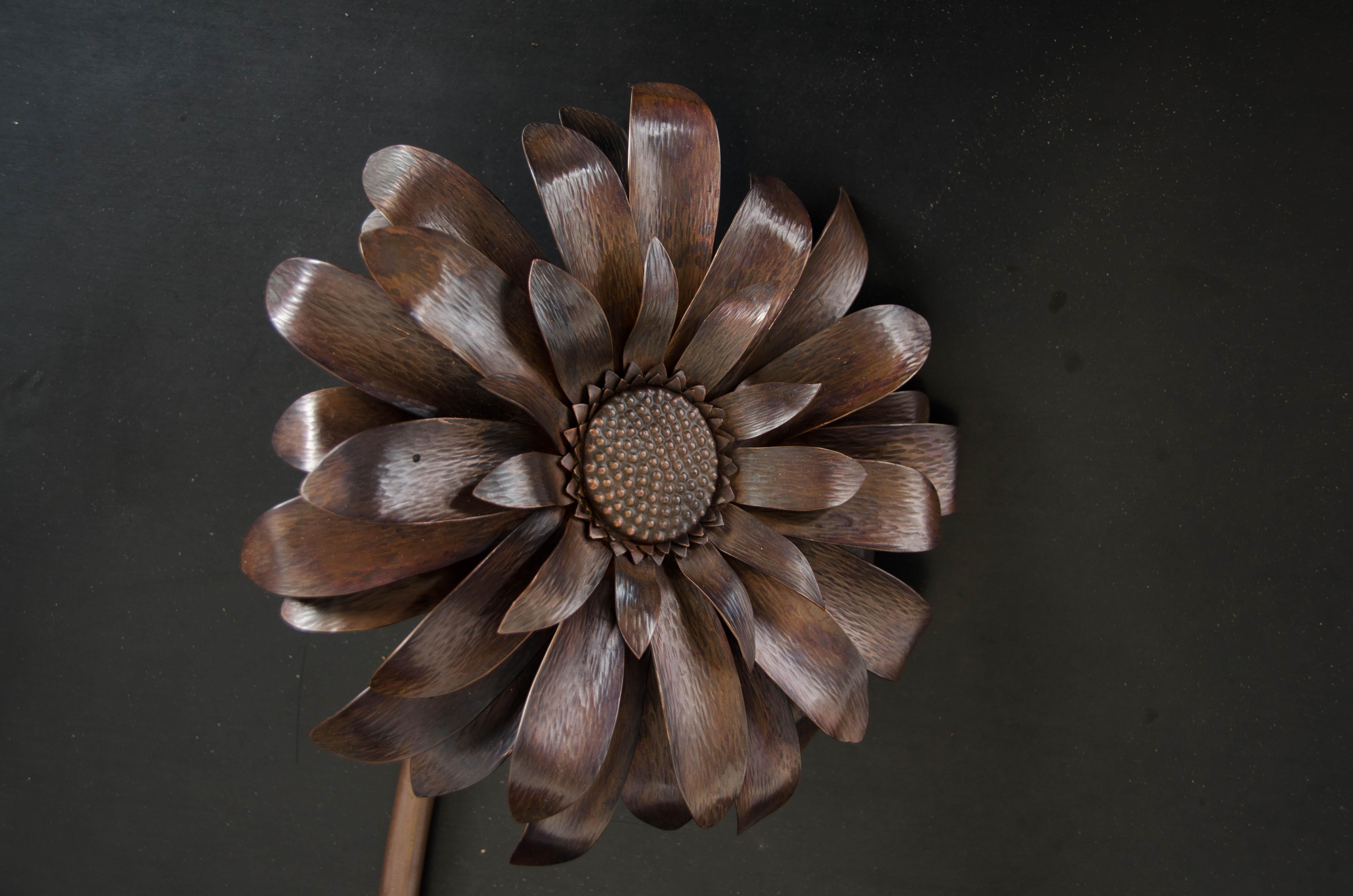 Mid-Century Modern Gerber Daisy Flower Sculpture, Antique Copper by Robert Kuo, Hand Repousse For Sale