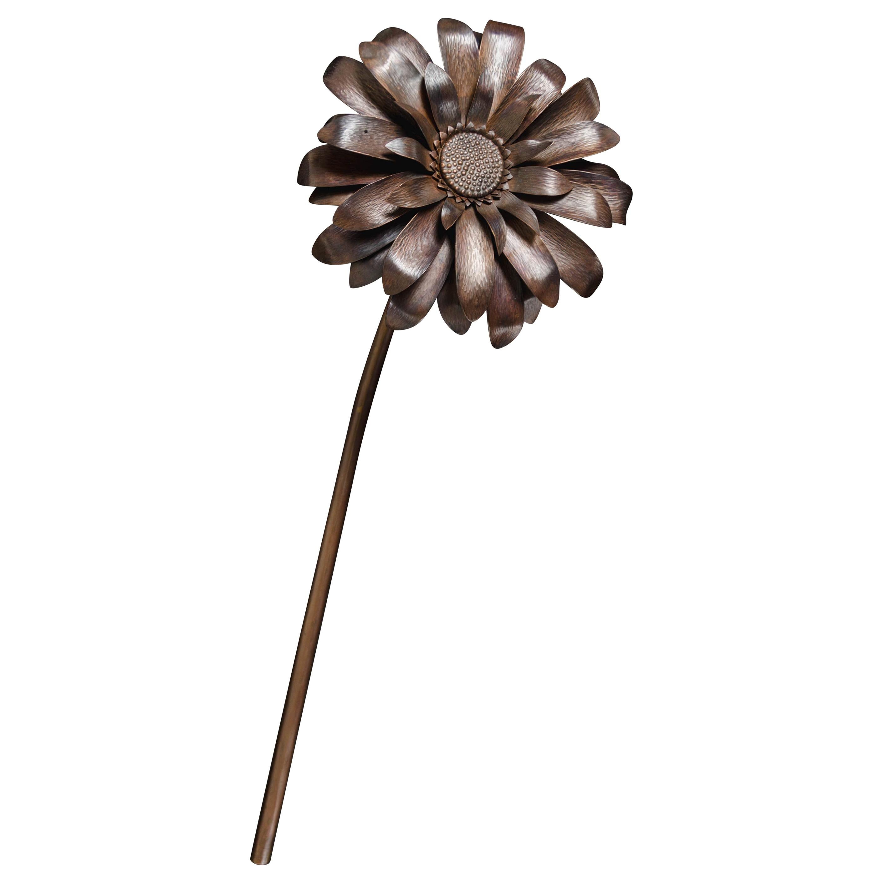 Gerber Daisy Flower Sculpture, Antique Copper by Robert Kuo, Hand Repousse For Sale