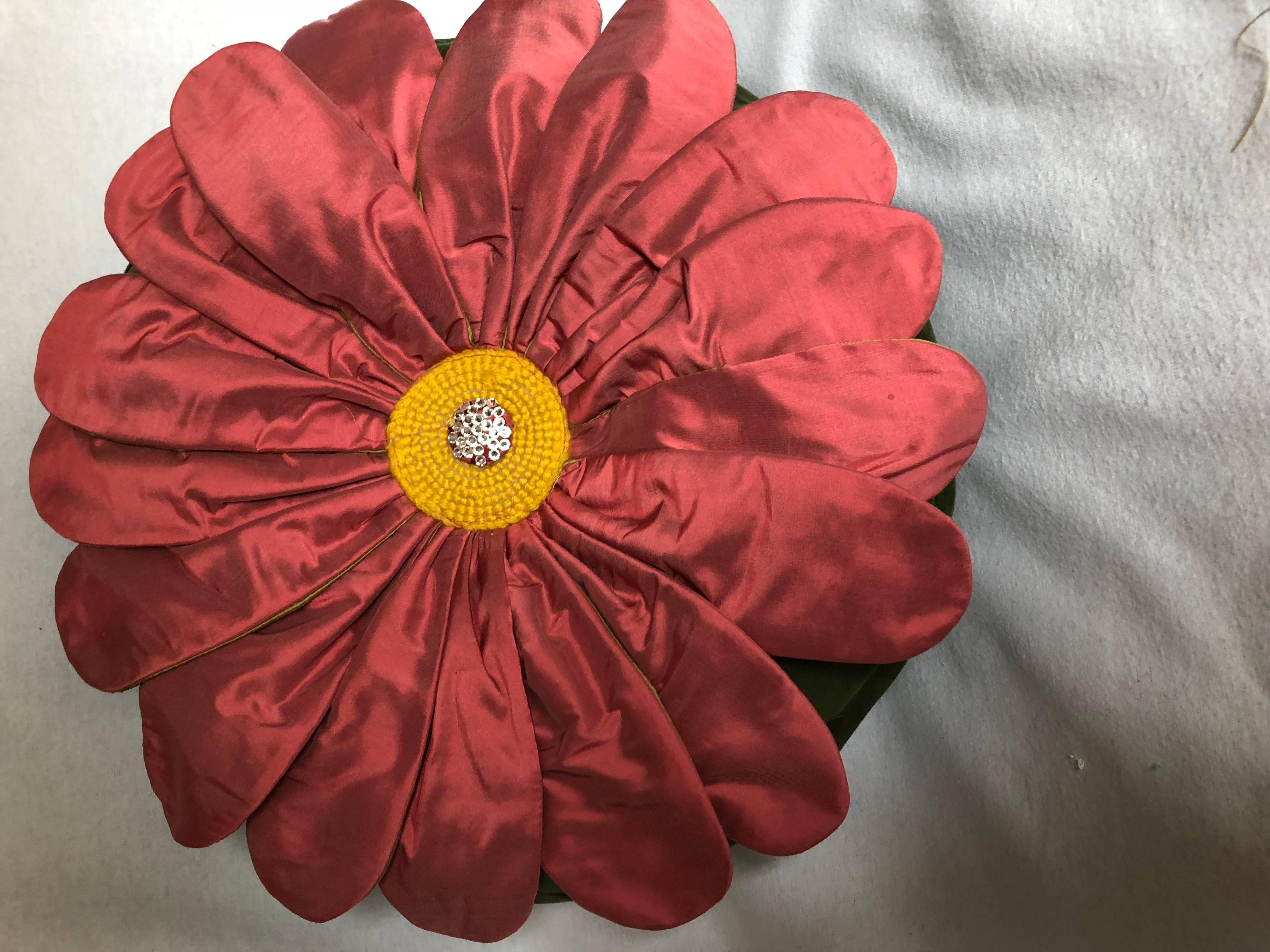 Silk Gerber Daisy Throw Pillow, Unusual Original Design, Signed Limited Ed. Pillow For Sale