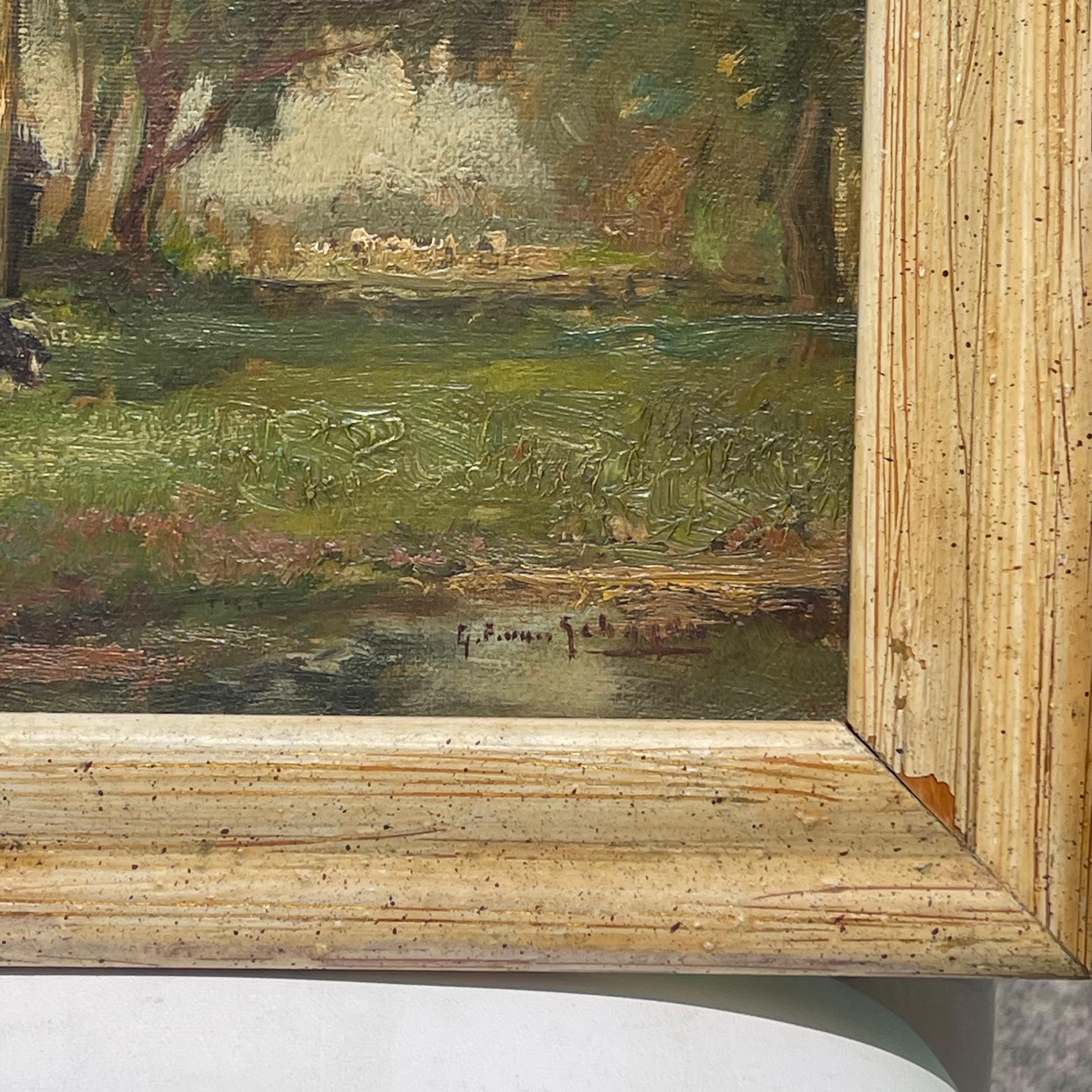 Charmante huile sur toile impressionniste hollandaise représentant des vaches broutant dans un paysage.

Image : 12.5 x 8