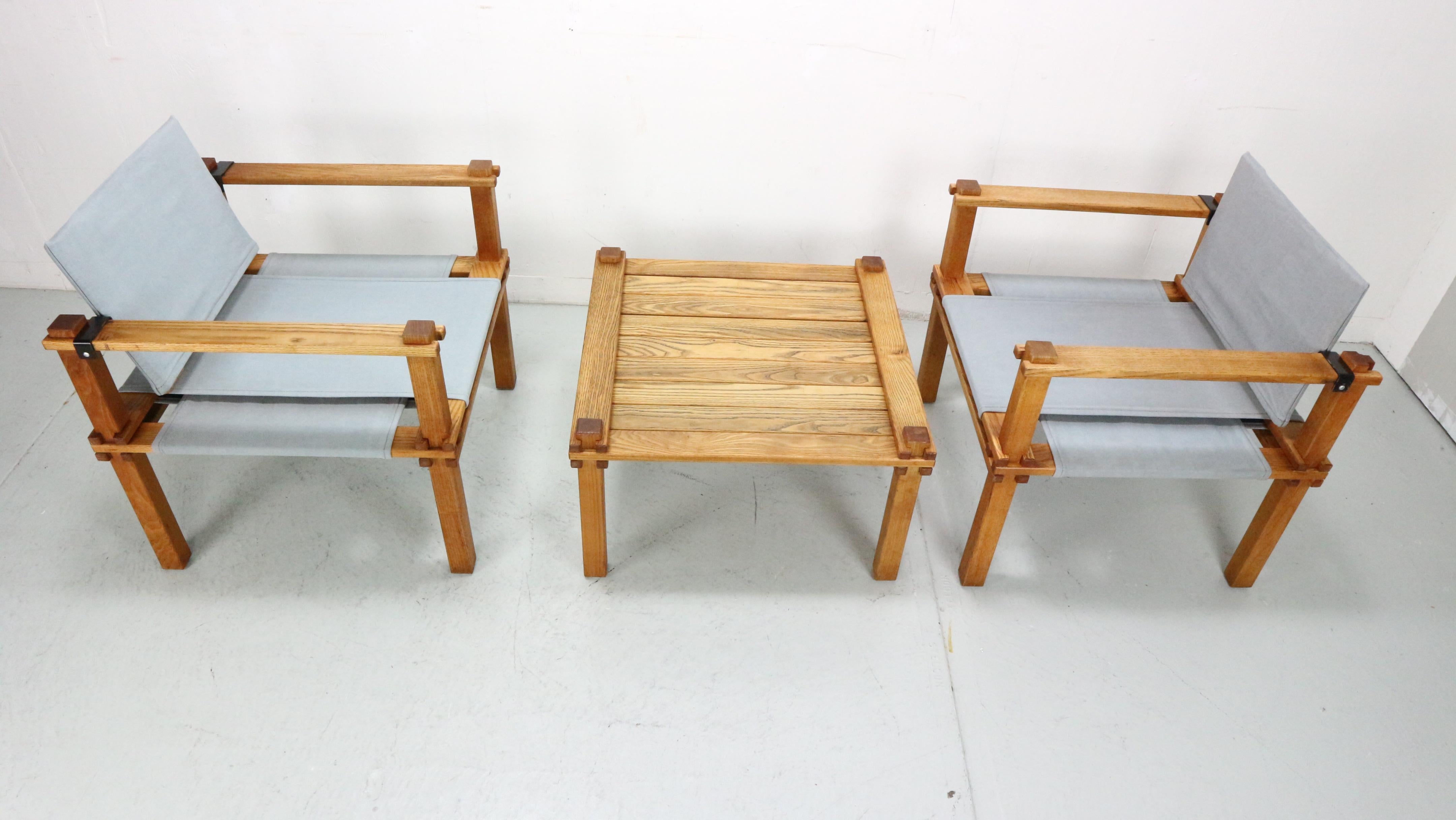Gerd Lange Japandi style safari arm-chairs and Table, 1965 For Sale 5