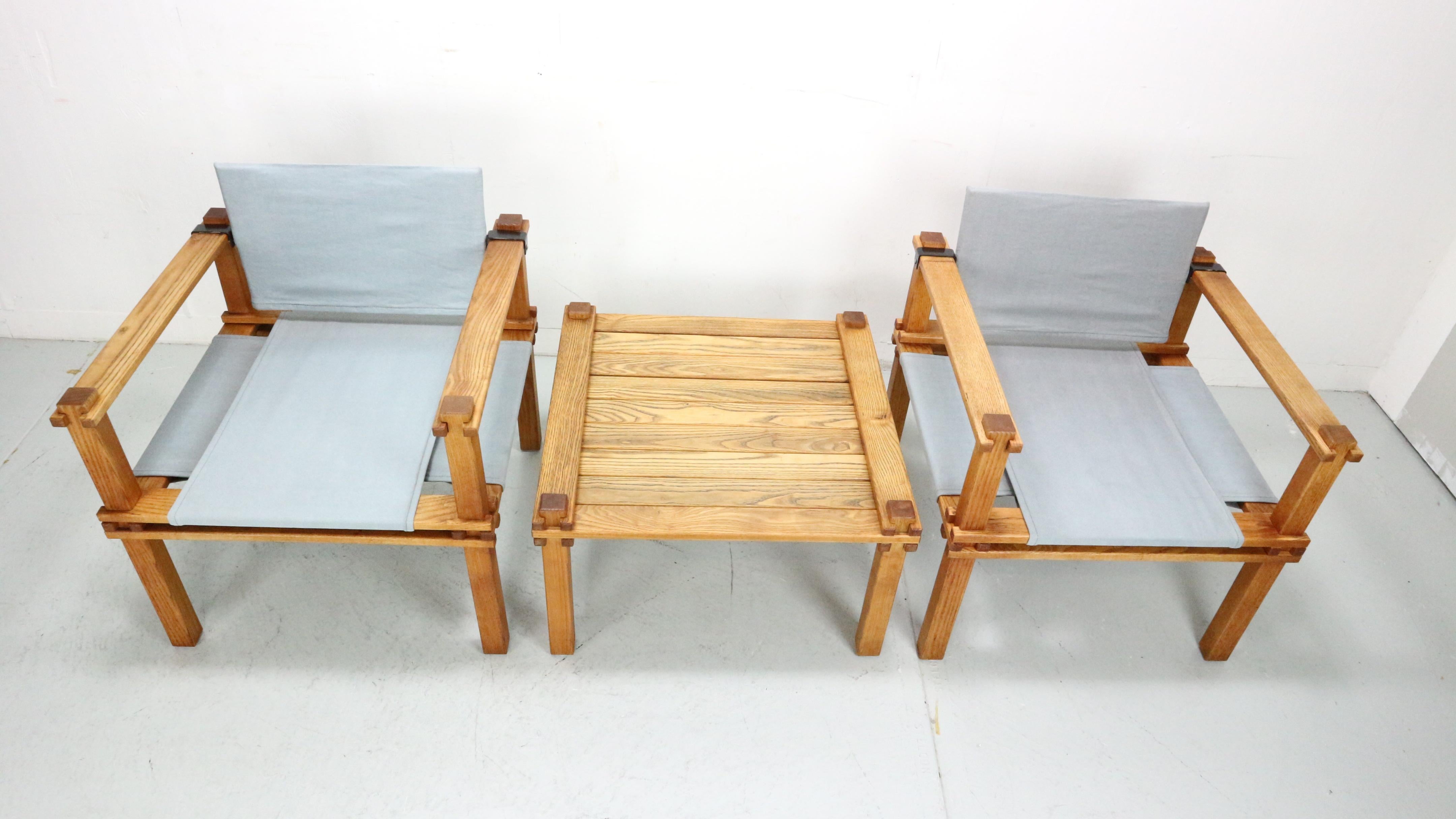 Mid-Century Modern Gerd Lange Japandi style safari arm-chairs and Table, 1965 For Sale