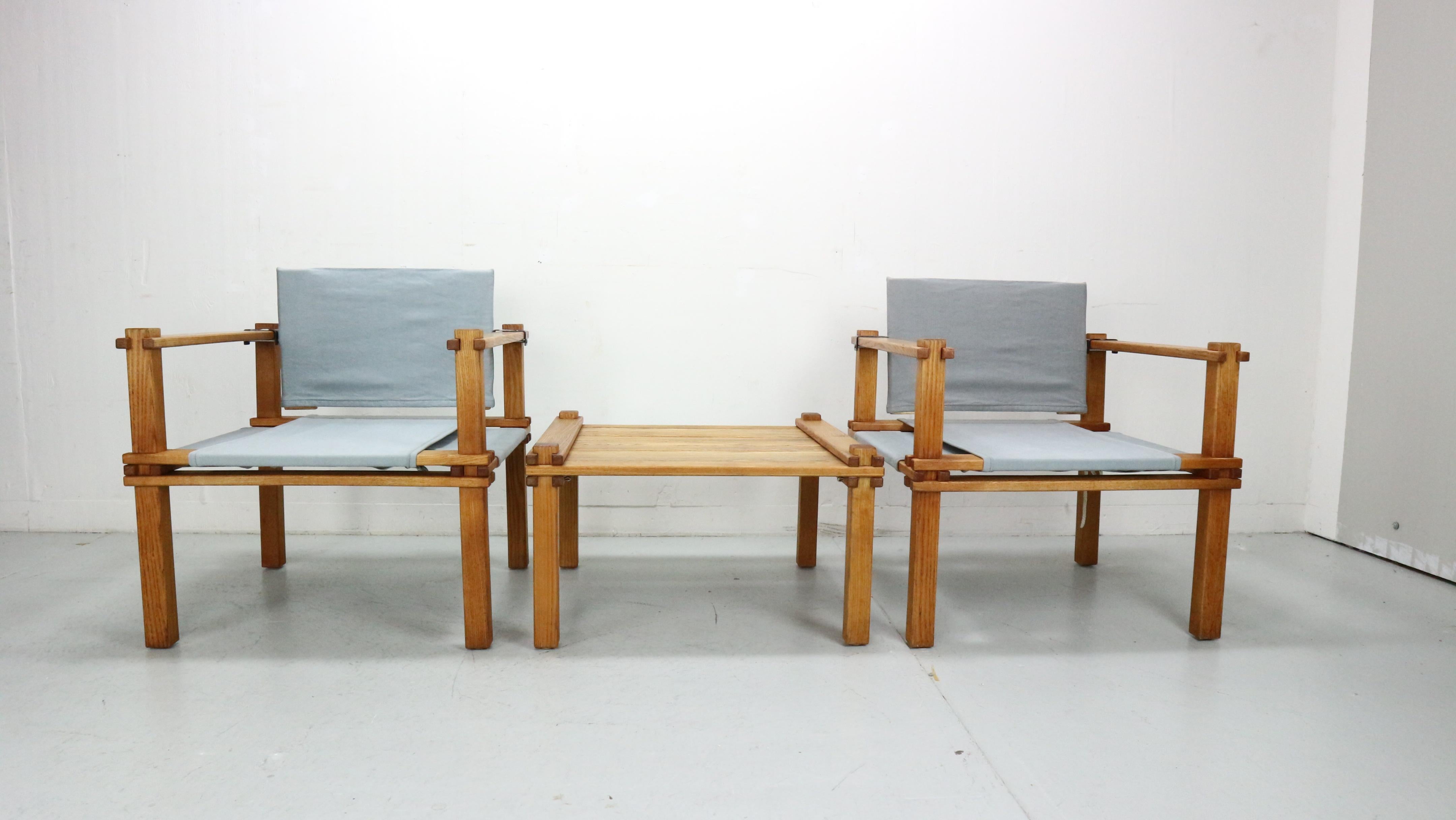 German Gerd Lange Japandi style safari arm-chairs and Table, 1965 For Sale