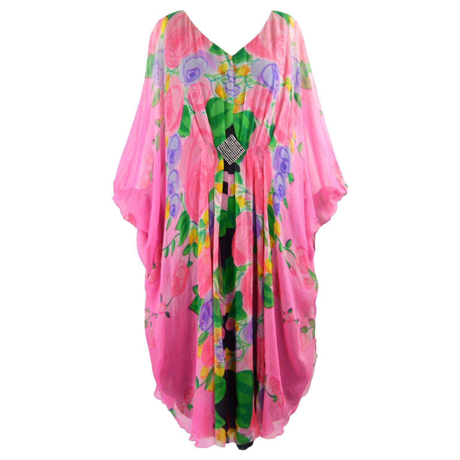 Gerda Gregor Vintage 1980s Pink Silk Chiffon Kaftan Dress For Sale