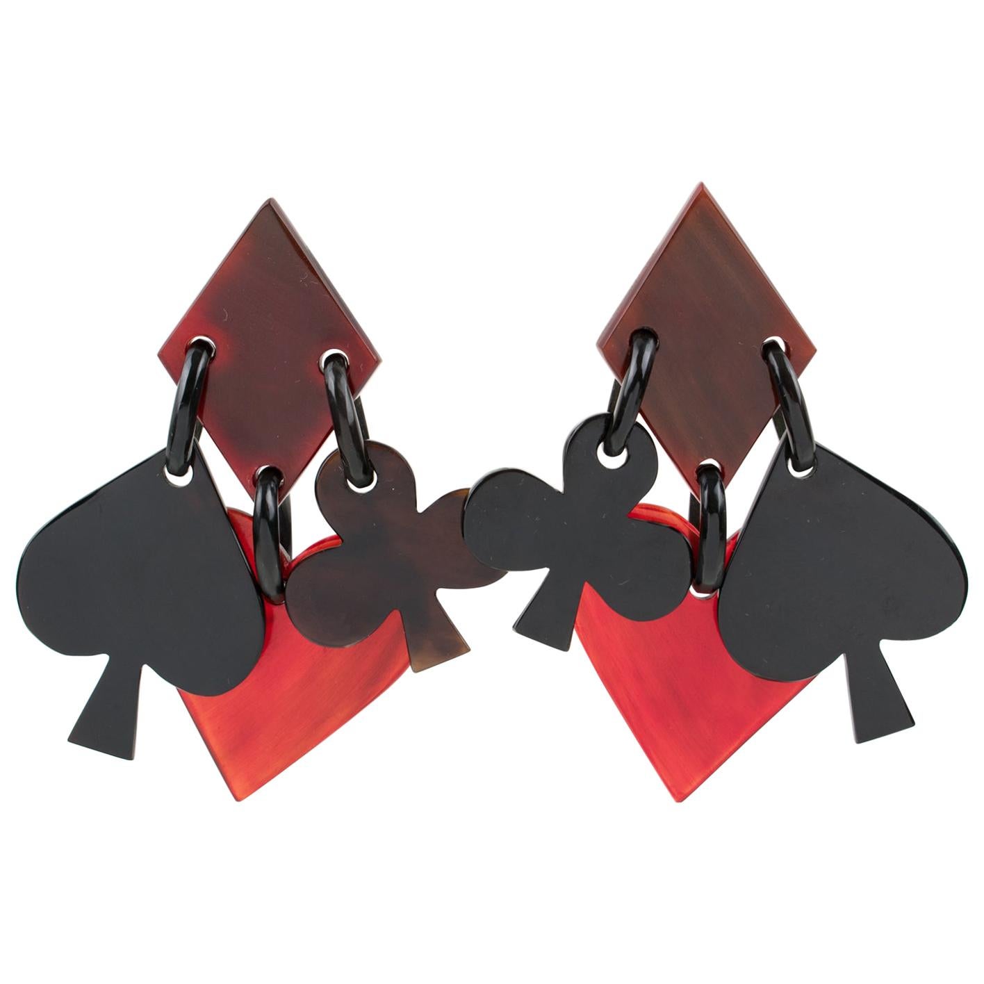 Monies Dangle Red Black Horn Clip Earrings