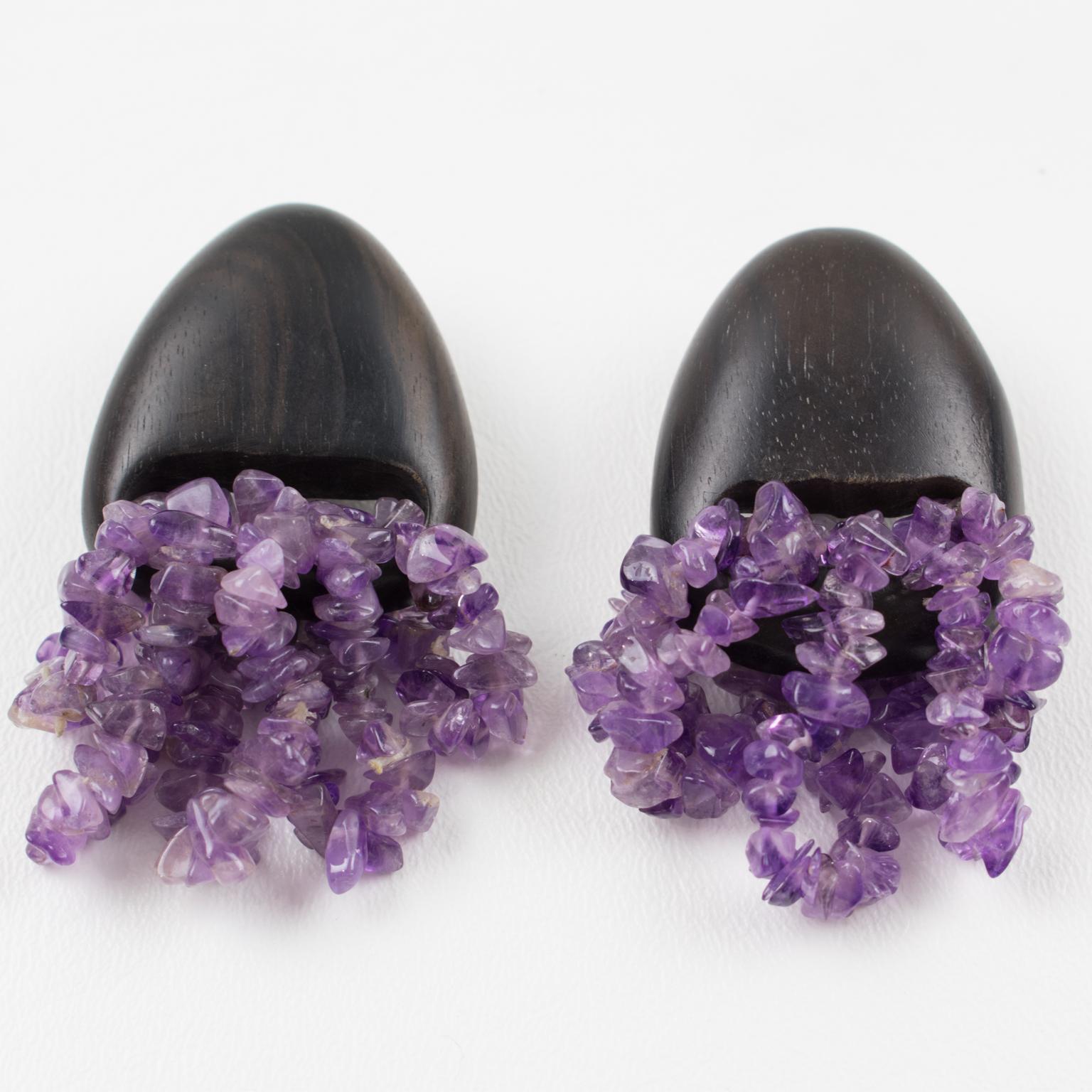 Modernist Gerda Lyngaard for Monies Dangle Clip Earrings Ebony Wood & Amethyst Stones