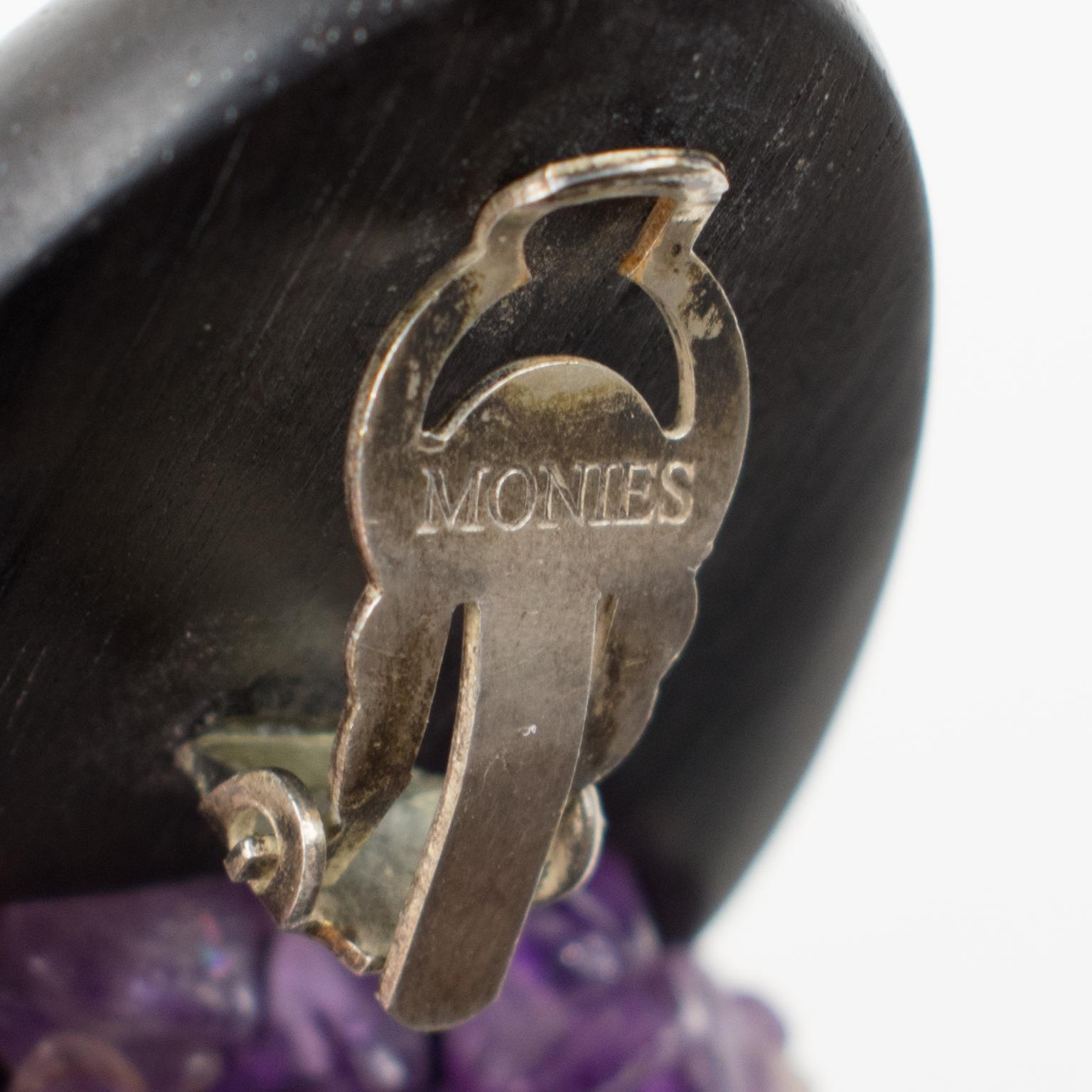 Women's or Men's Gerda Lyngaard for Monies Dangle Clip Earrings Ebony Wood & Amethyst Stones